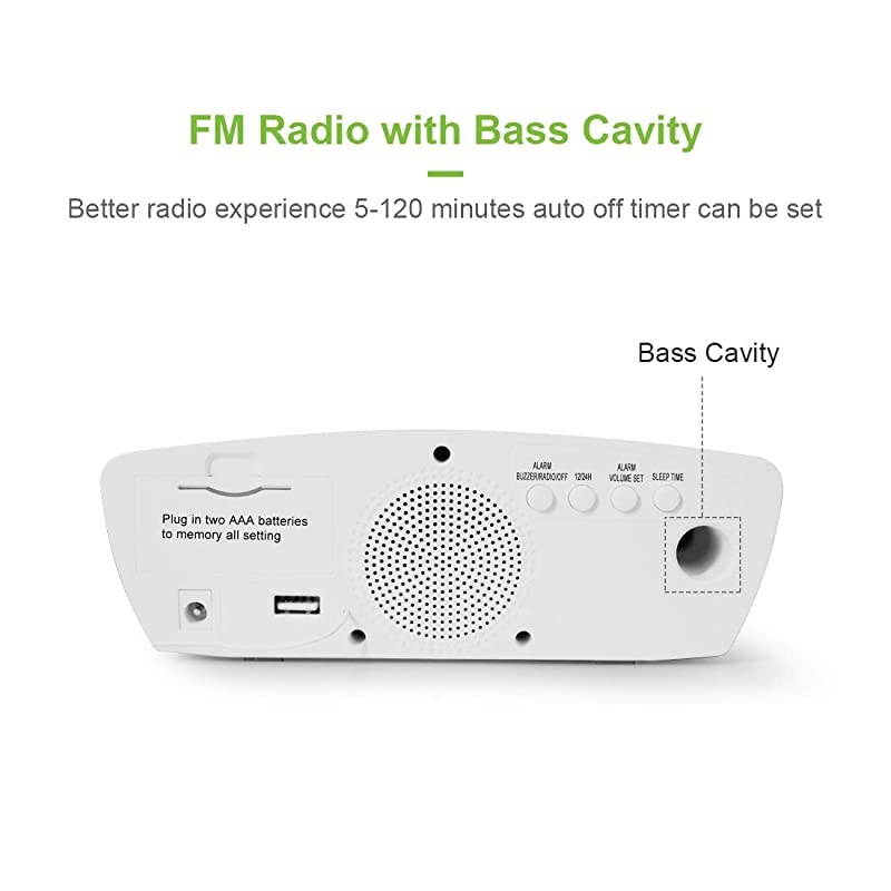 Simple Alarm Clock Radio with USB Charger Port FM Radio Dimmer 6 Snoozes 9Minute intervals Adjustable Alarm Volume for Heavy Sleepers for Bedrooms White