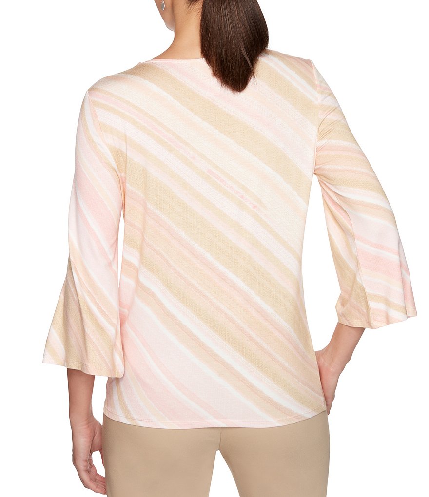 Ali Miles Petite Size Long Roll-Tab Sleeve Round V-Neck Pucker Knit Asymmetrical Tunic