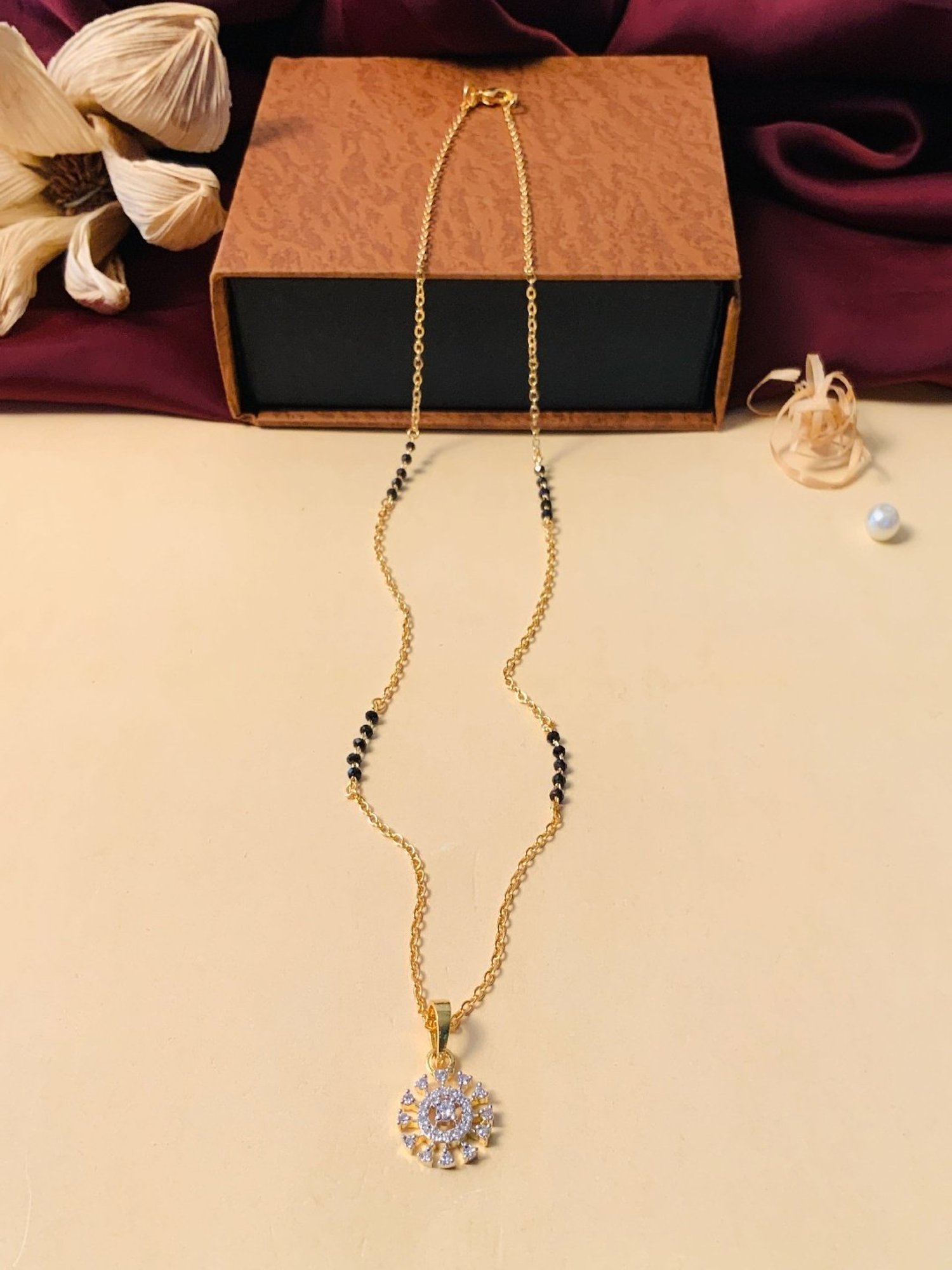 Abdesigns Gold-Plated American Diamond & Black Beaded Mangalsutra