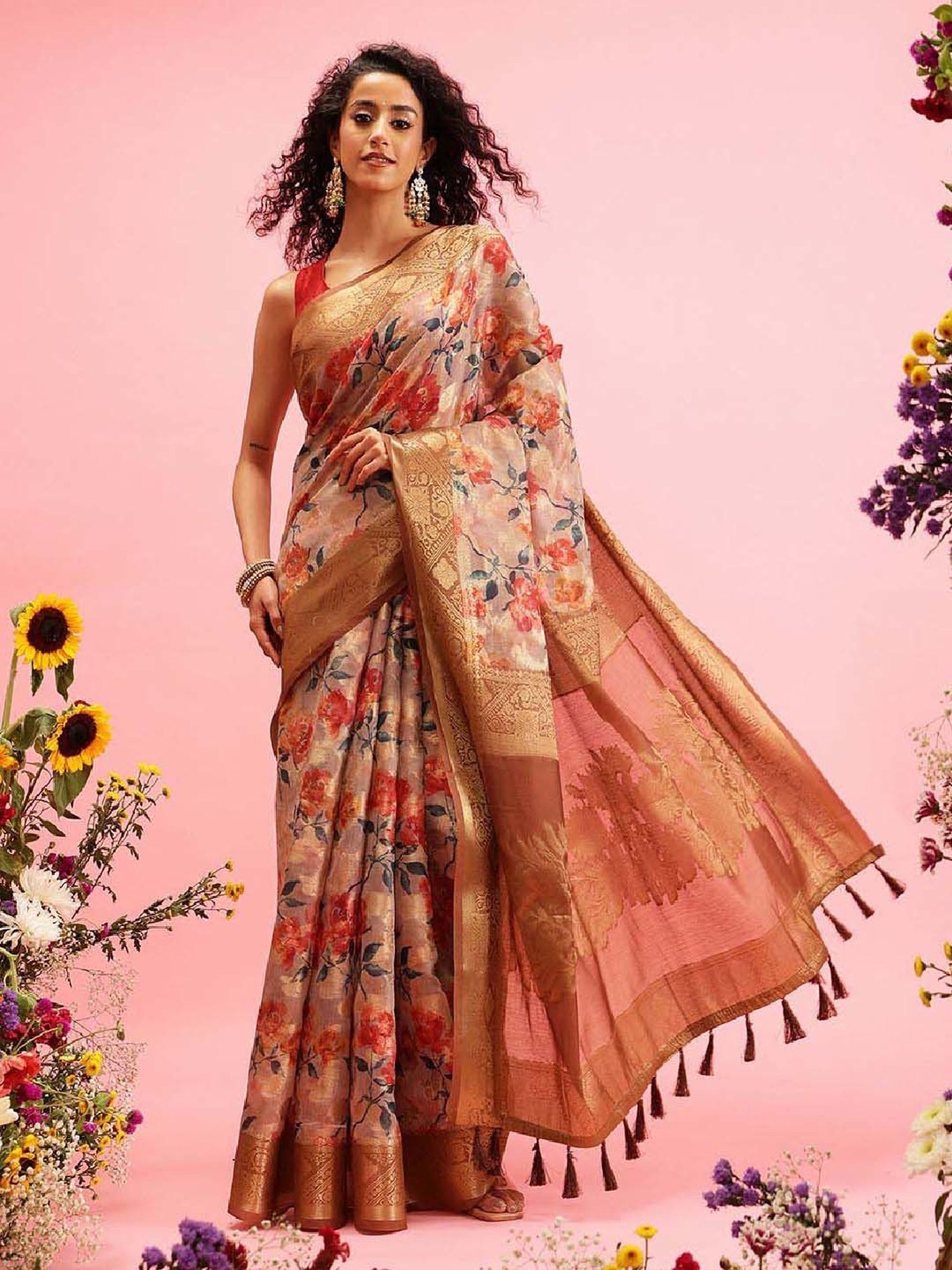 Silk Land Beige Cotton Printed Saree With Unstitched Blouse