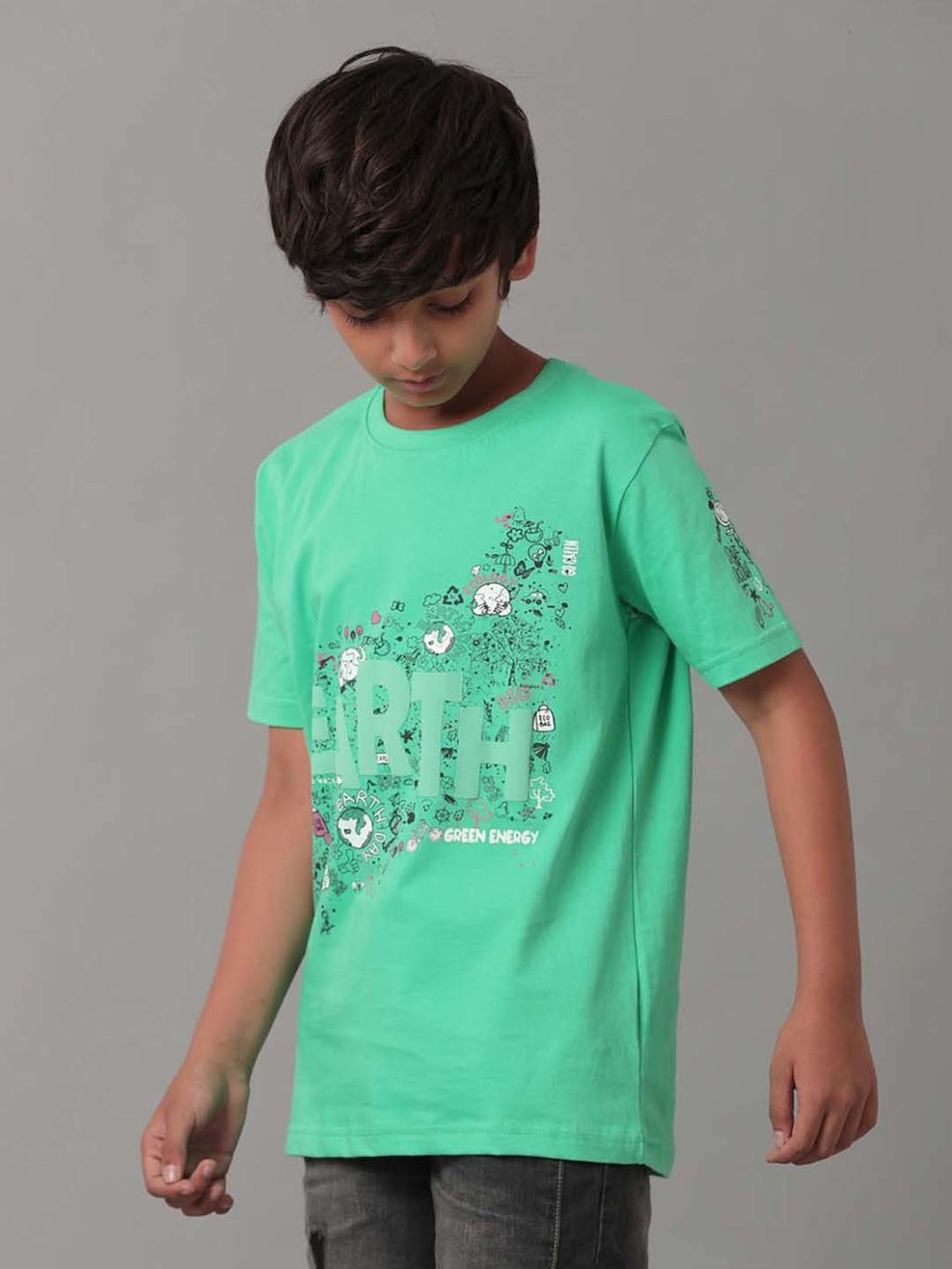 Under Fourteen Only Kids Green Cotton Printed T-Shirt