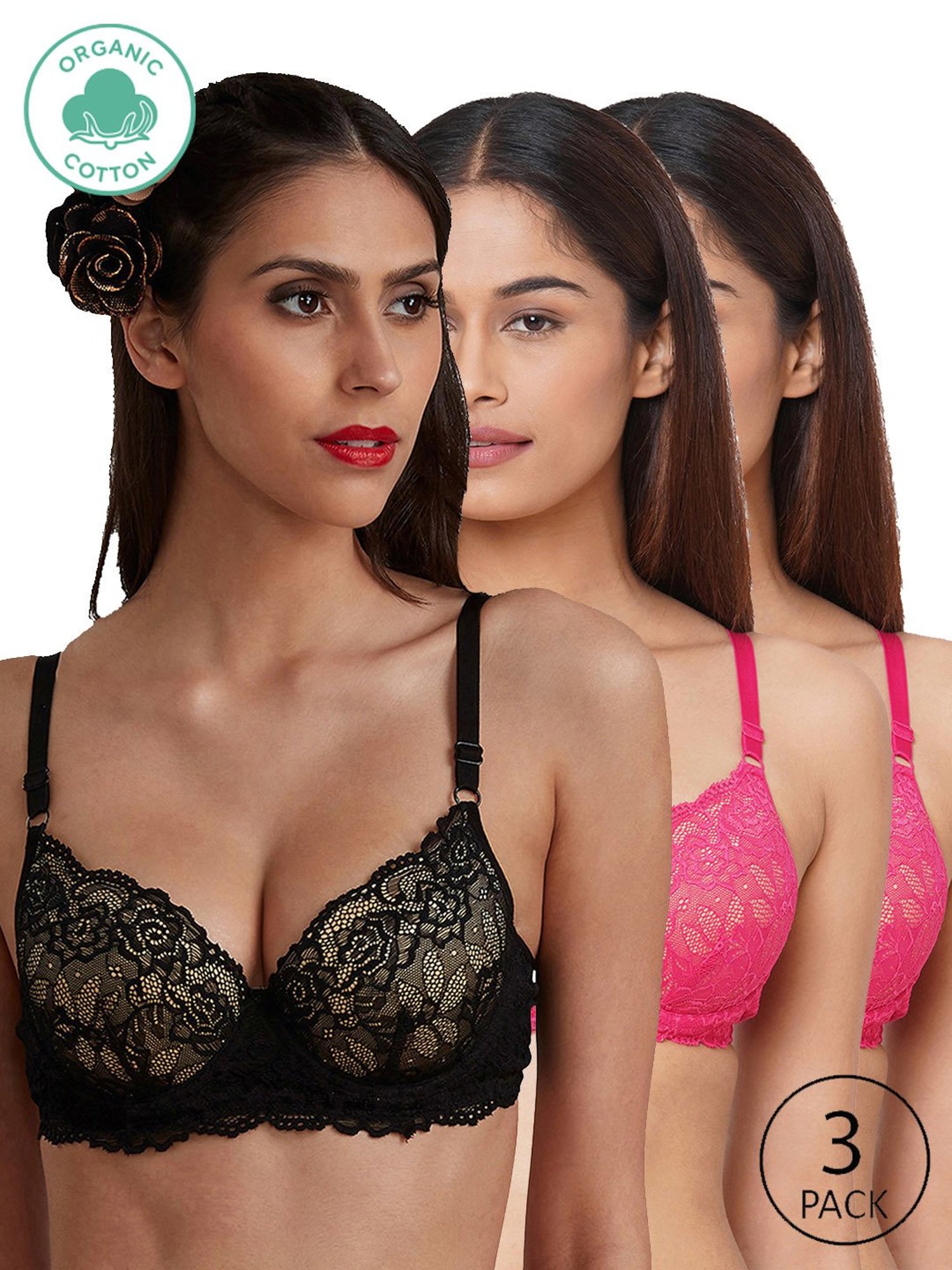Inner Sense Black & Pink Full Coverage T-Shirt Bra - Pack of 3
