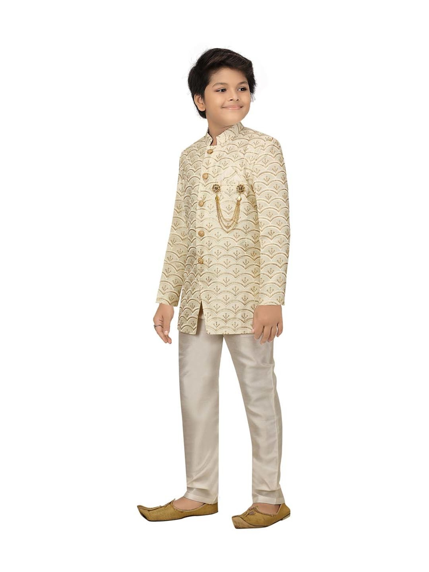 Ahhaaaa Kids Beige Cotton Embroidered Full Sleeves Kurta Set