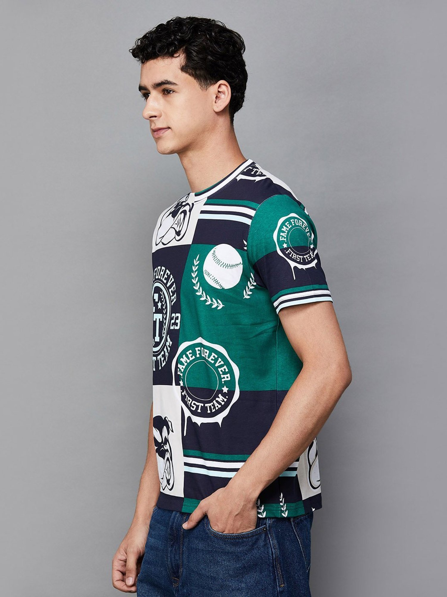 Fame Forever by Lifestyle Dark Green Cotton Regular Fit Printed T-Shirt