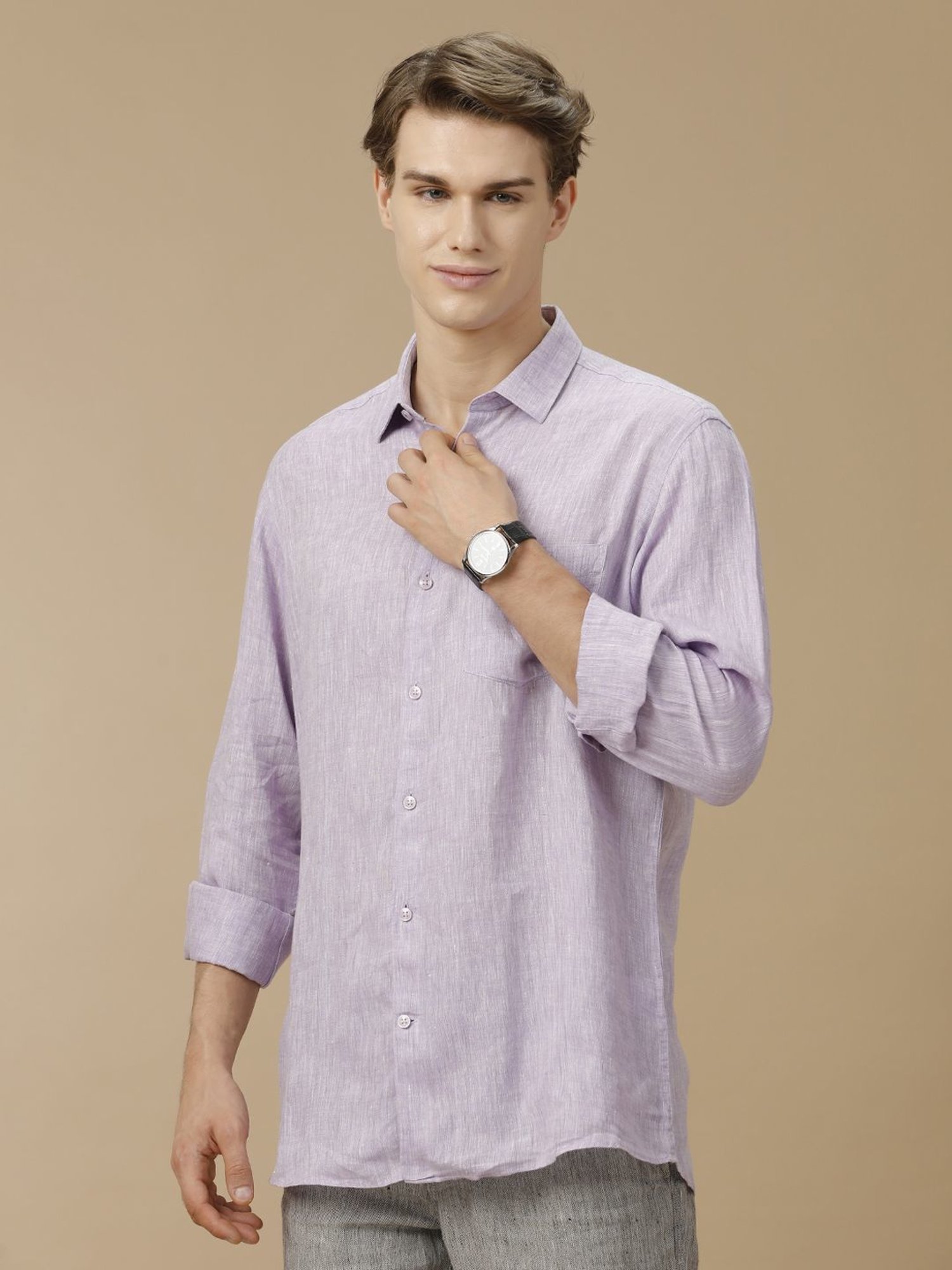 Linen Club Purple Linen Contemporary Fit Texture Shirt