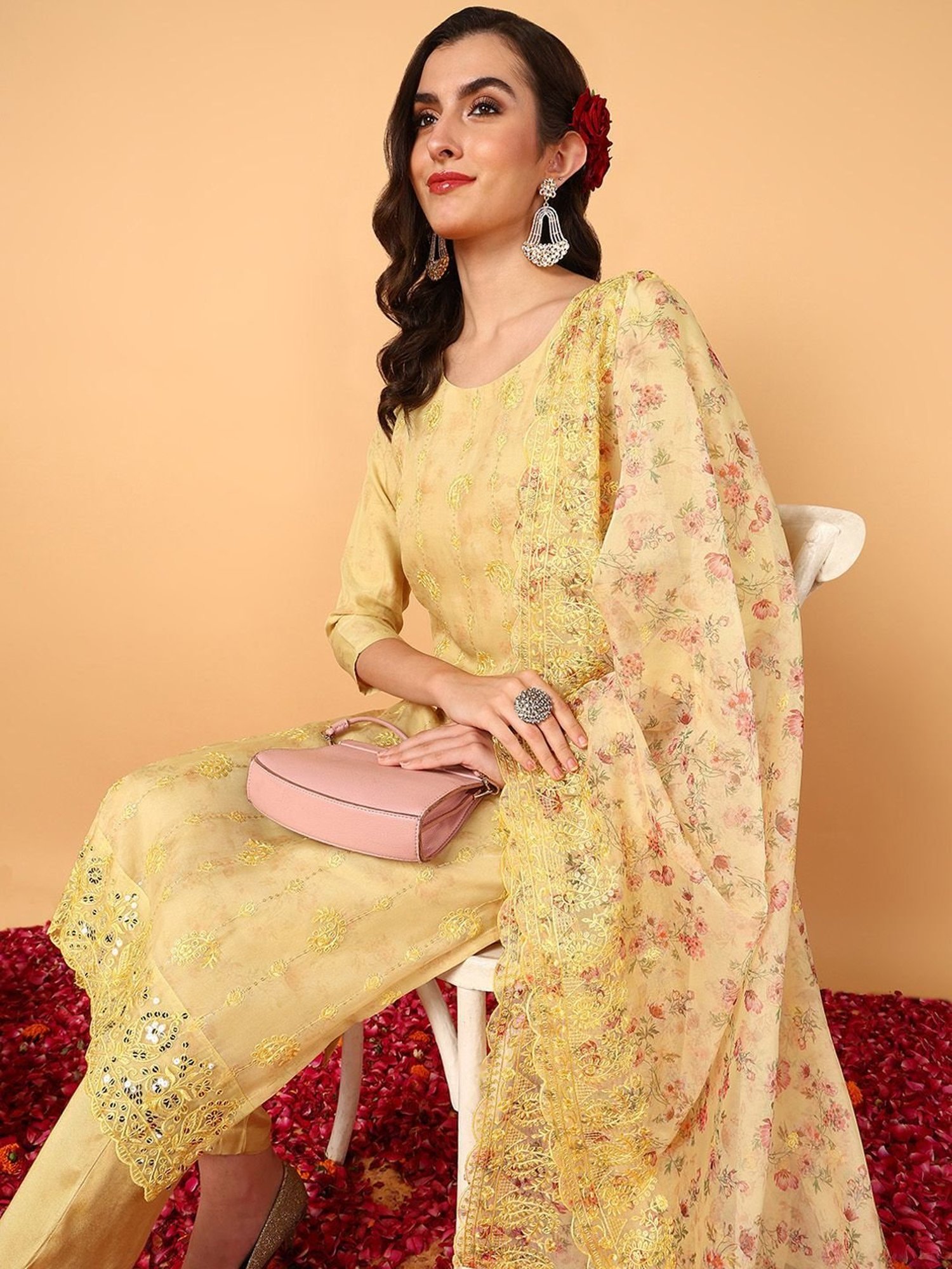 Vaamsi Yellow Embroidered Kurta Pant Set With Dupatta