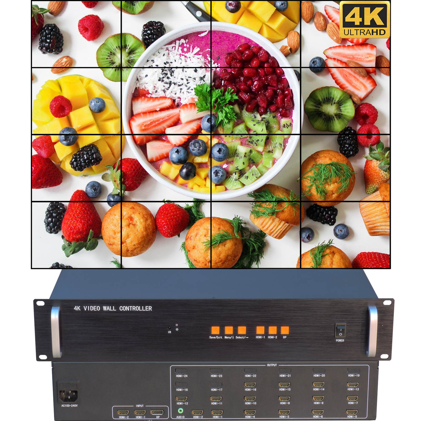 Video Wall Controller 4K 3840x2160@60Hz HDMI 2.0, HDMI 1.4, DP1.2 Inputs with 16 HDMI Outputs for TV Splicing, Support 4x4,4x3,2x8,2x7 Display and 180 Degree Rotate