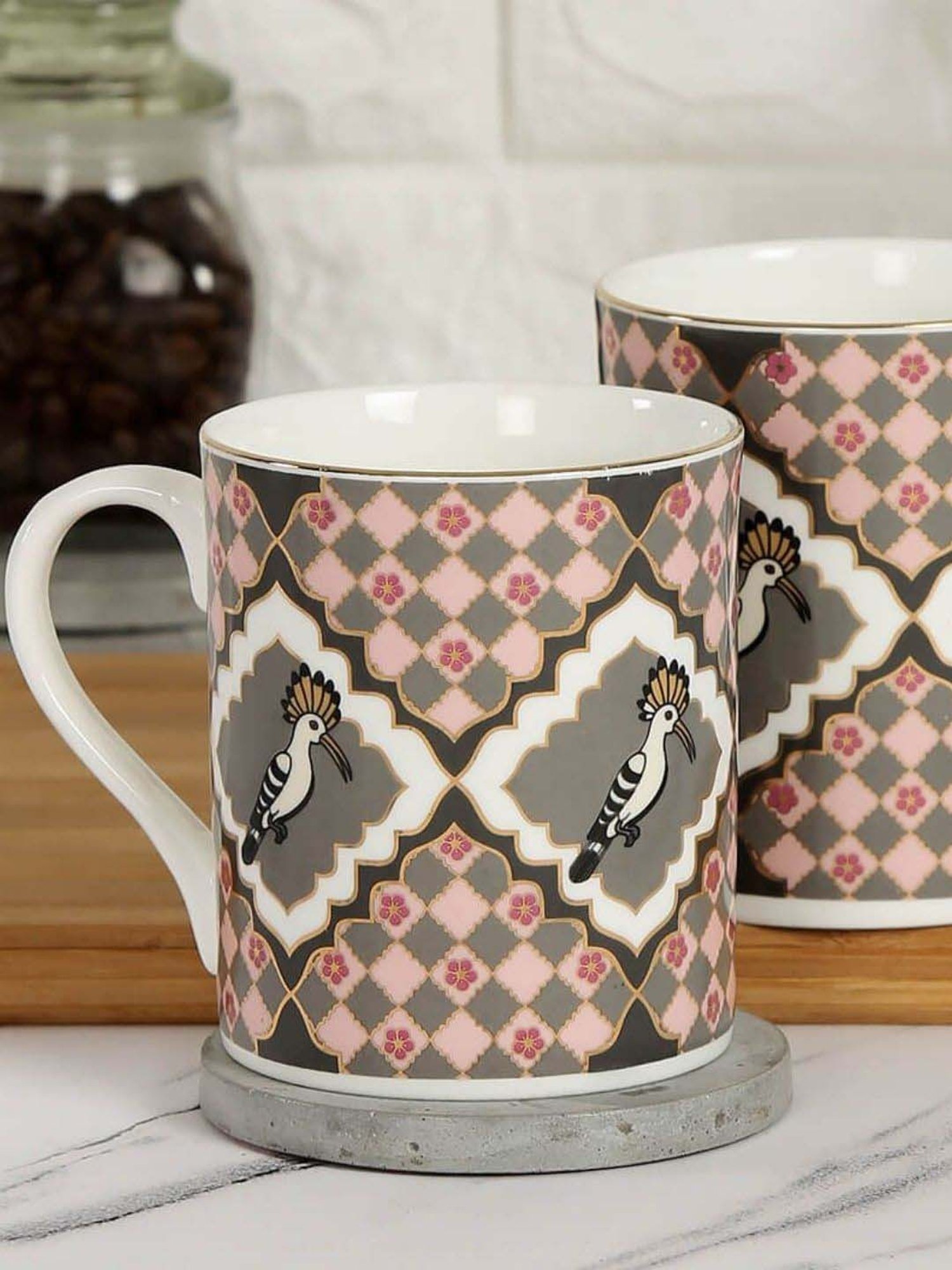 India Circus Pink & Grey Ceramic 11.2 cm Milk Mug (0.36 L) - Set of 2