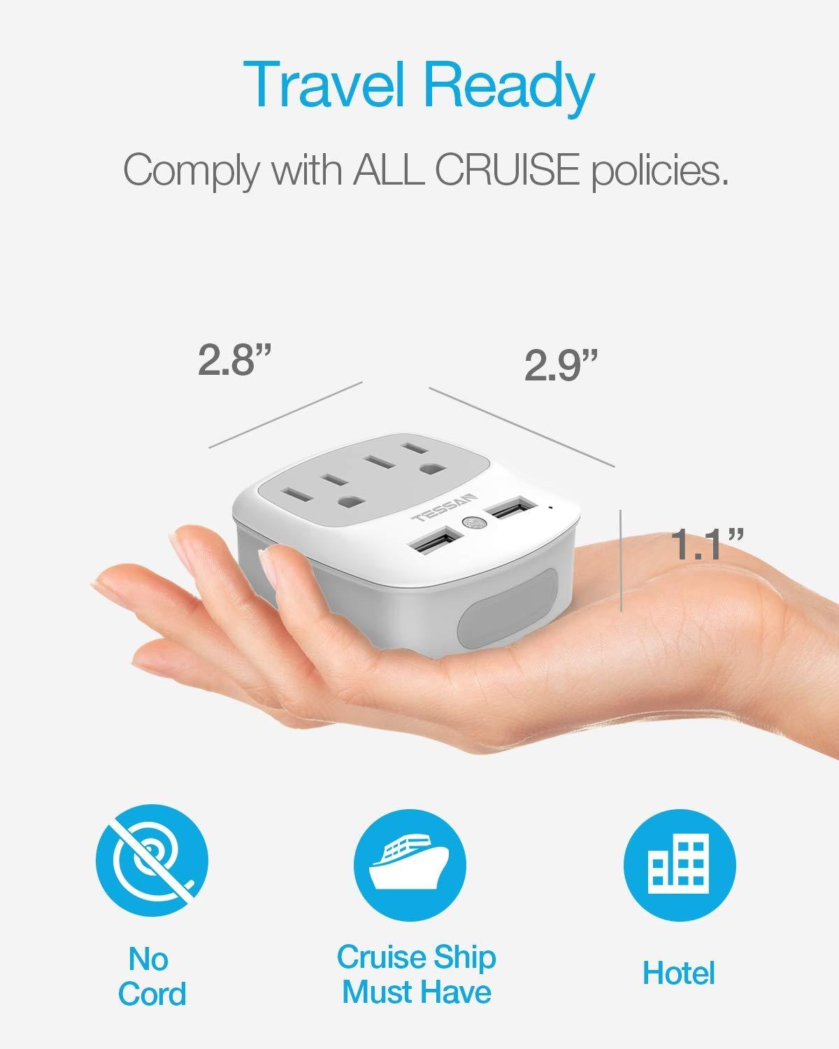 USB Outlet Plug Extender, TESSAN Power Outlet Expander with USB Wall Charger and Night Light Adapter for Travel Cruise Essentials, Mini Phone Charger with Multiple Outlet Splitter
