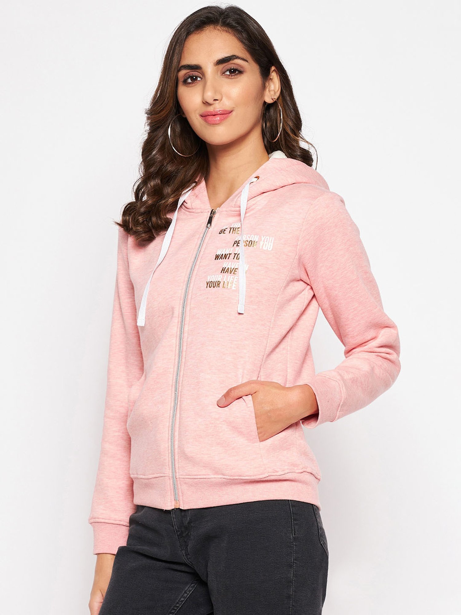 Crozo By Cantabil Peach Textured Hoodie