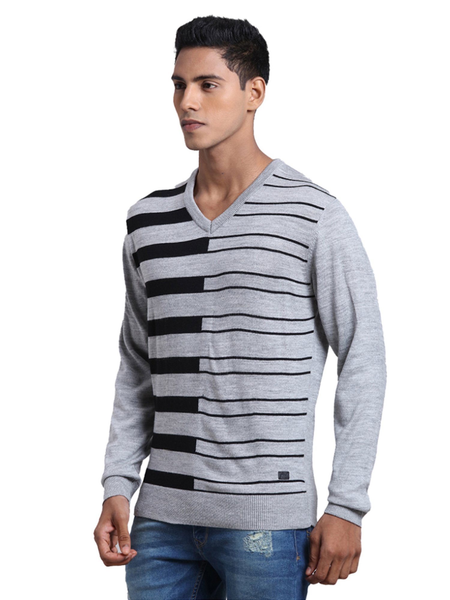 Parx Grey Regular Fit Striped Sweater