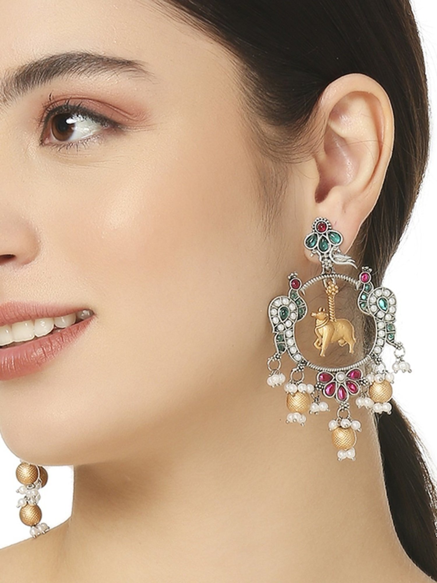 OOMPH Oxidised Silver Ethnic Nandi Cow and Peacock Design Jadau Style Dangler Earrings