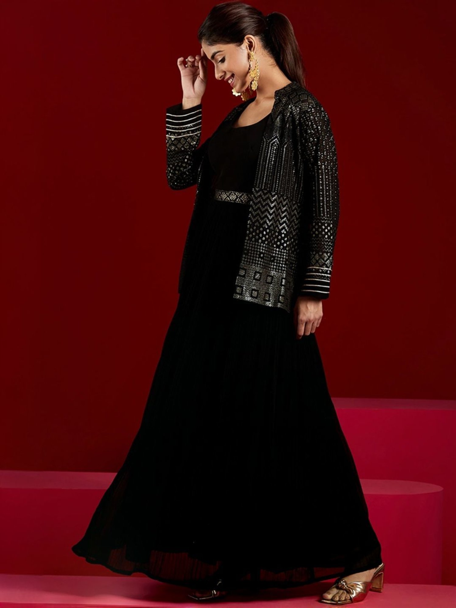 Libas Art Black Embellished Maxi Dress With Jacket