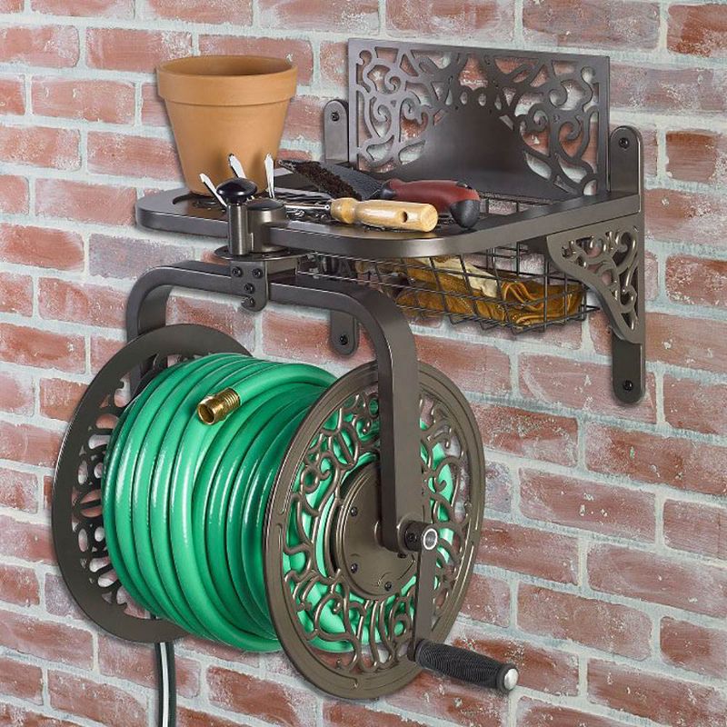 Liberty Garden LBG-714 Decorative Cast Aluminum Navigator Rotating Garden Hose Reel with Storage Basket for 125' of 5/8" Hose, Bronze