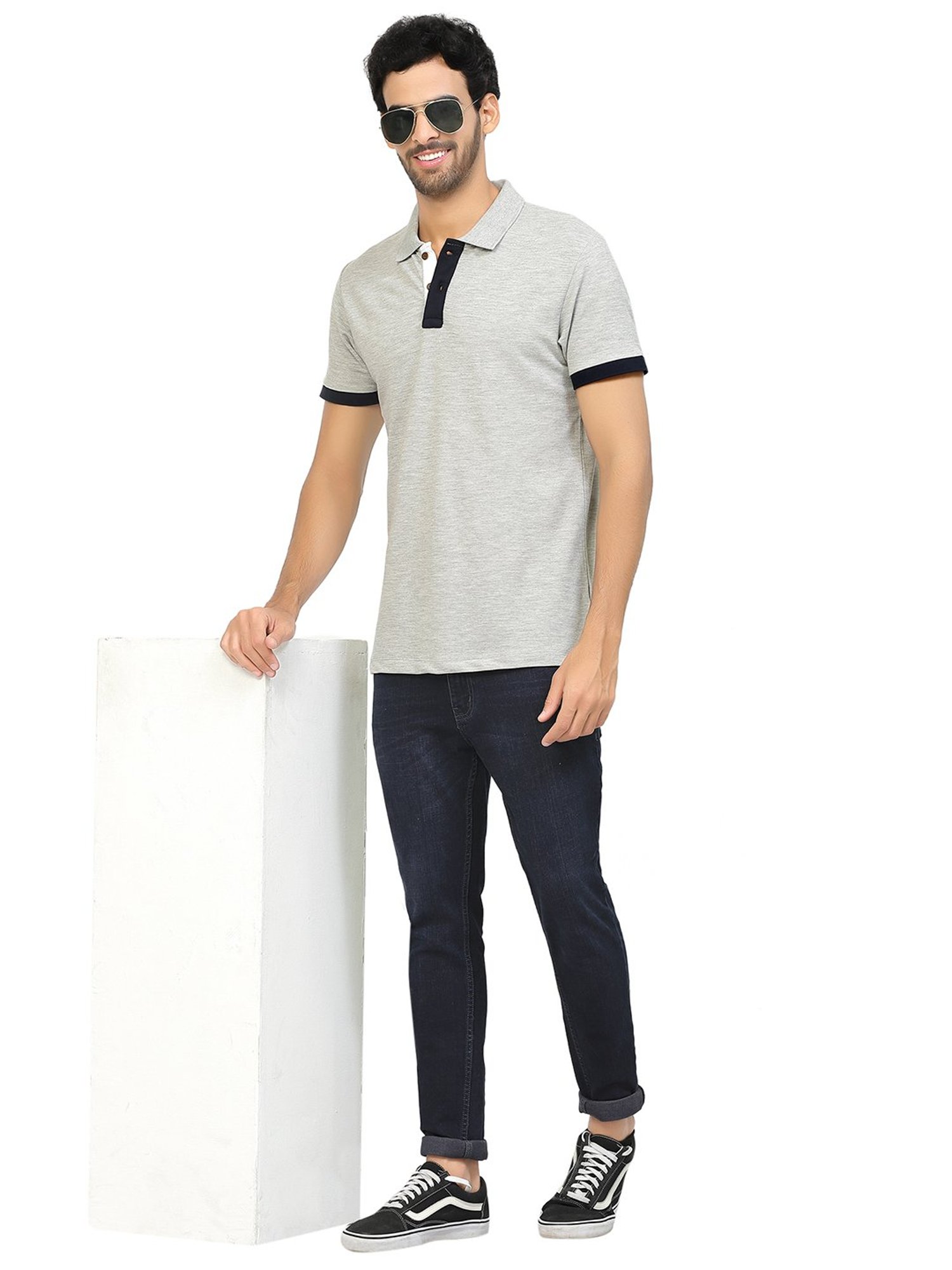 Kalt Light Grey Melange Regular Fit Polo T-Shirt