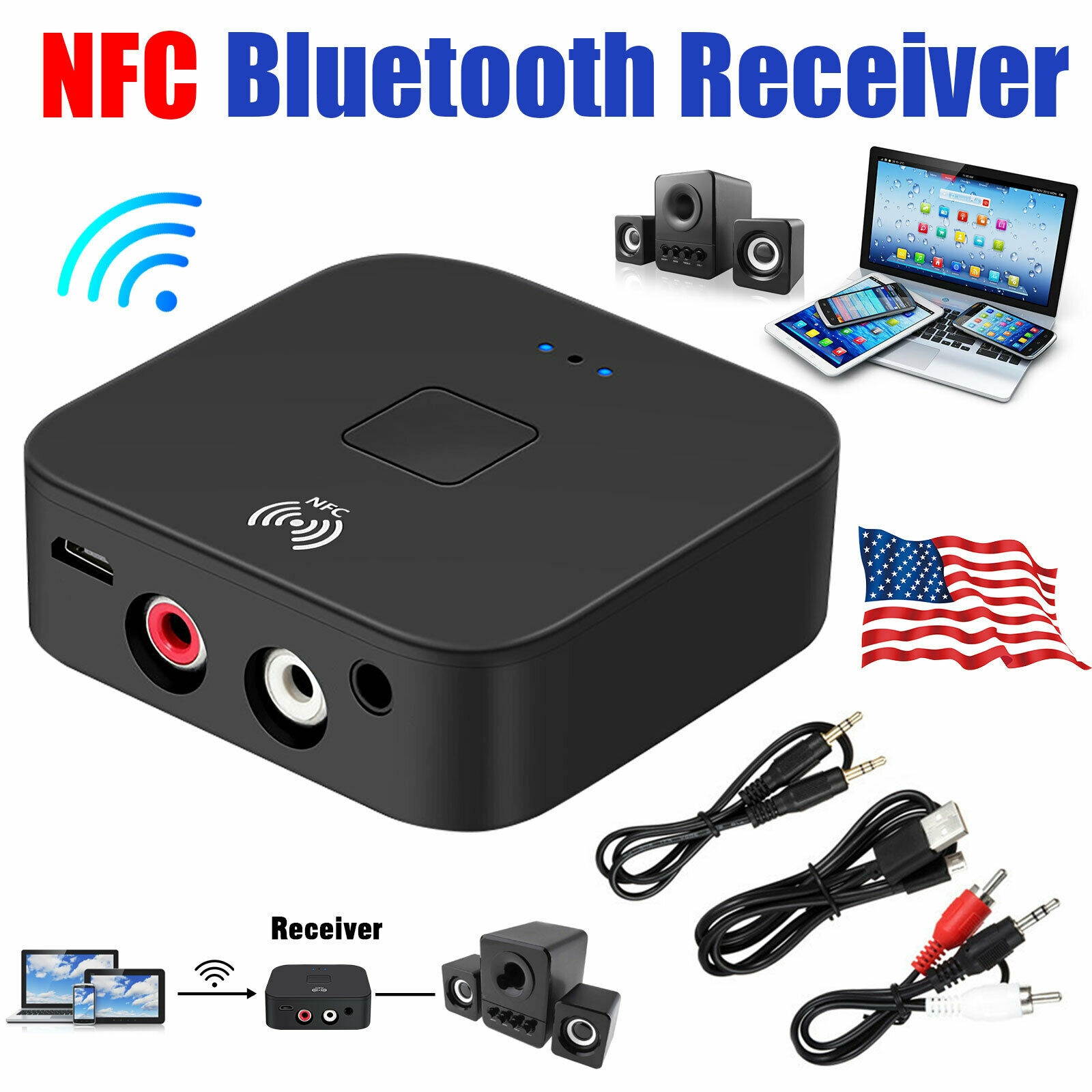 Bluetooth 5.0 Receiver Wireless 3.5mm Jack AUX NFC to 2 RCA Audio Stereo Adapter