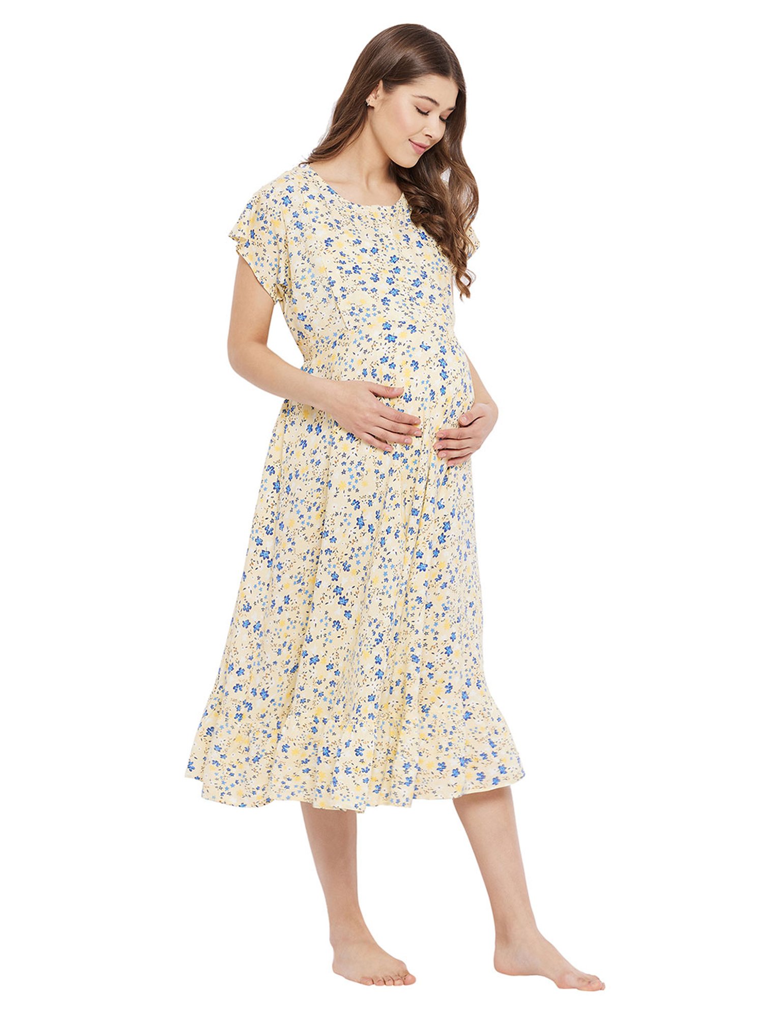 Hypernation Yellow Floral Print Maternity Night Dress