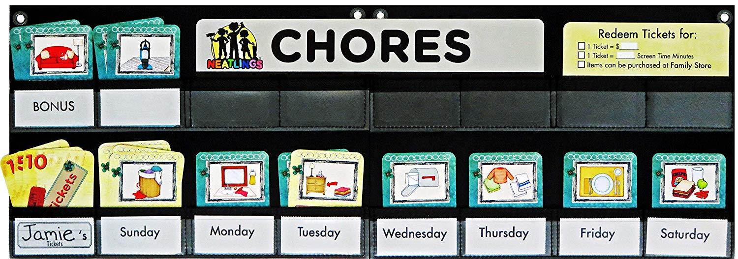 NEATLINGS Chore System - Chore Chart for Kids | 80+ Chores for Toddlers to Teens | Customize for 1 Child | Size 18&rdquo;x12.5&rdquo; | Teal Household Chore Cards/Yellow Self-Care Chore Cards