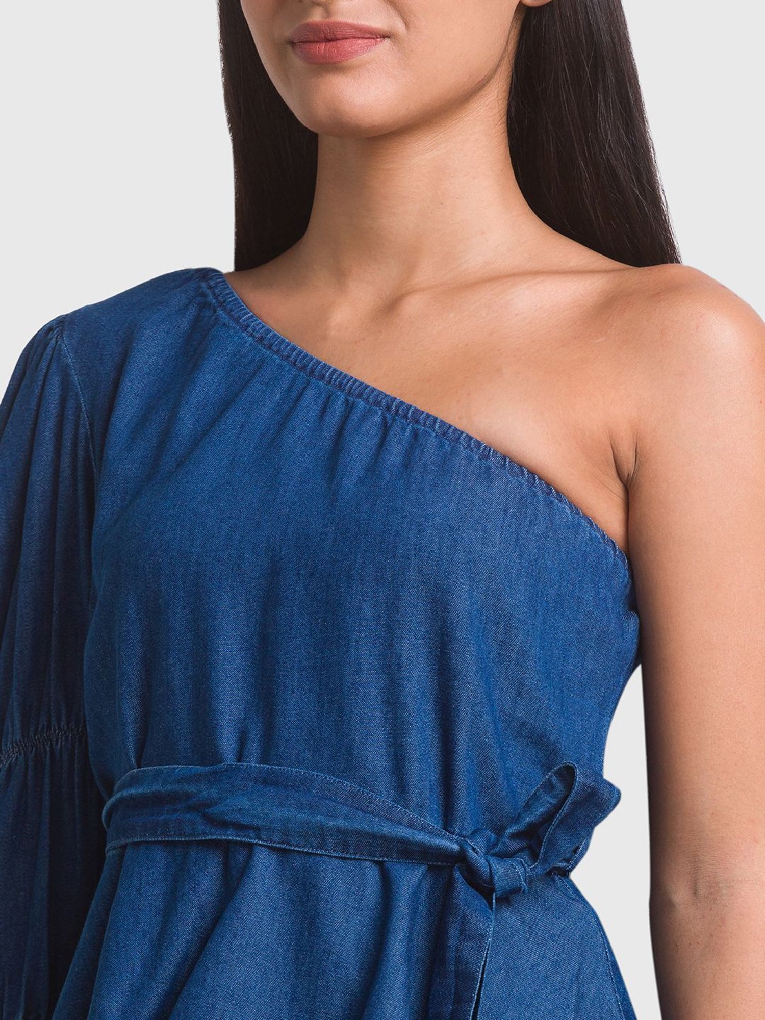 Spykar Blue Cotton One Shoulder Top