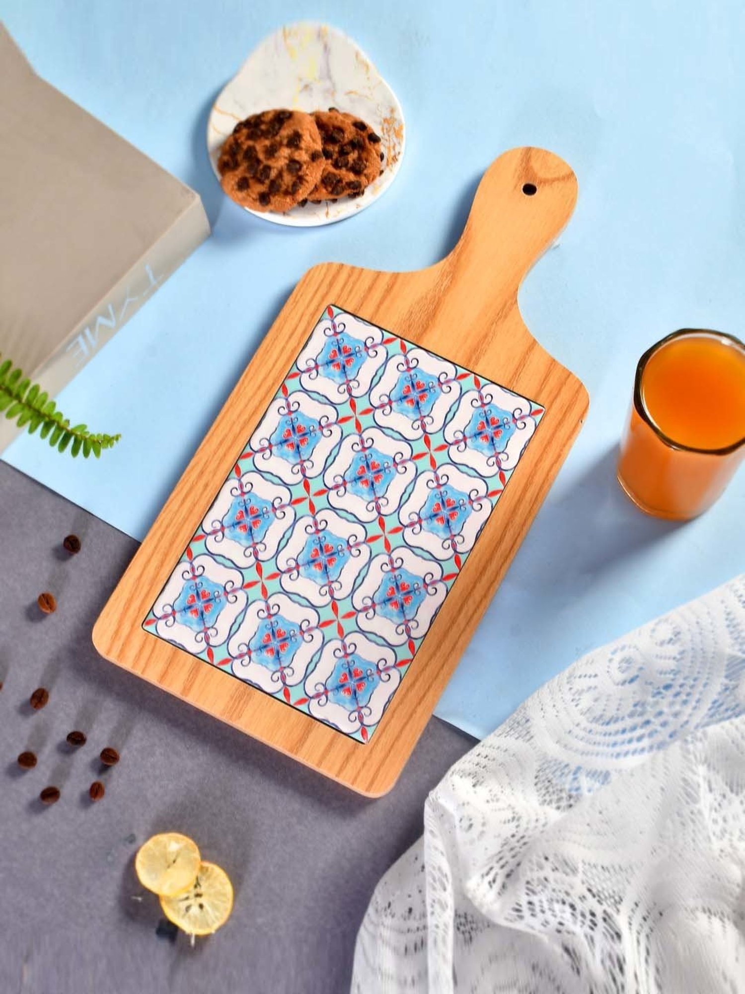 TAYHAA Blue & Brown Ceramic Serving Platter With Handle