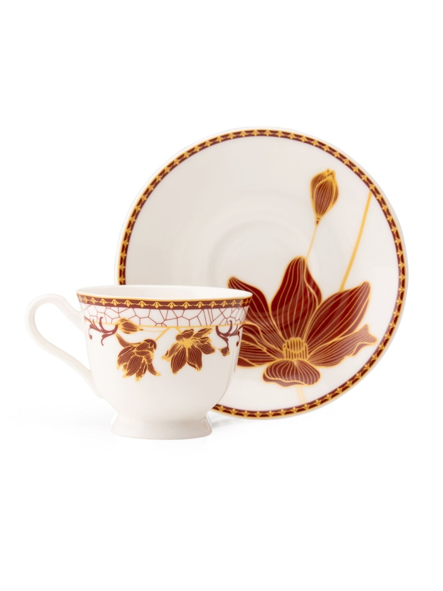 JCPL Fine Printed Maroon Ceramic Cup & Saucer 180 ml - Set of 12