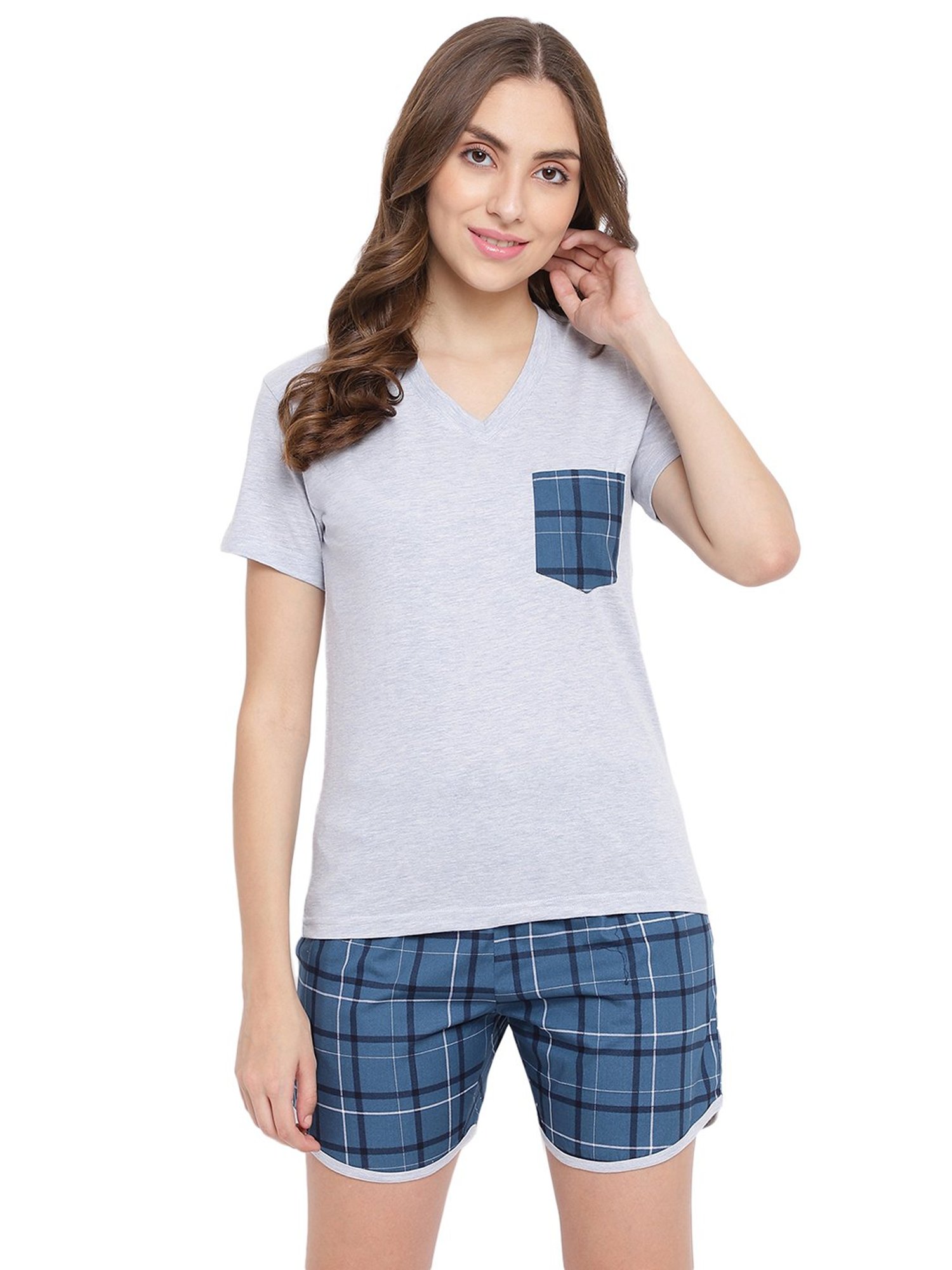La Intimo Grey & Blue Check T-Shirt With Shorts