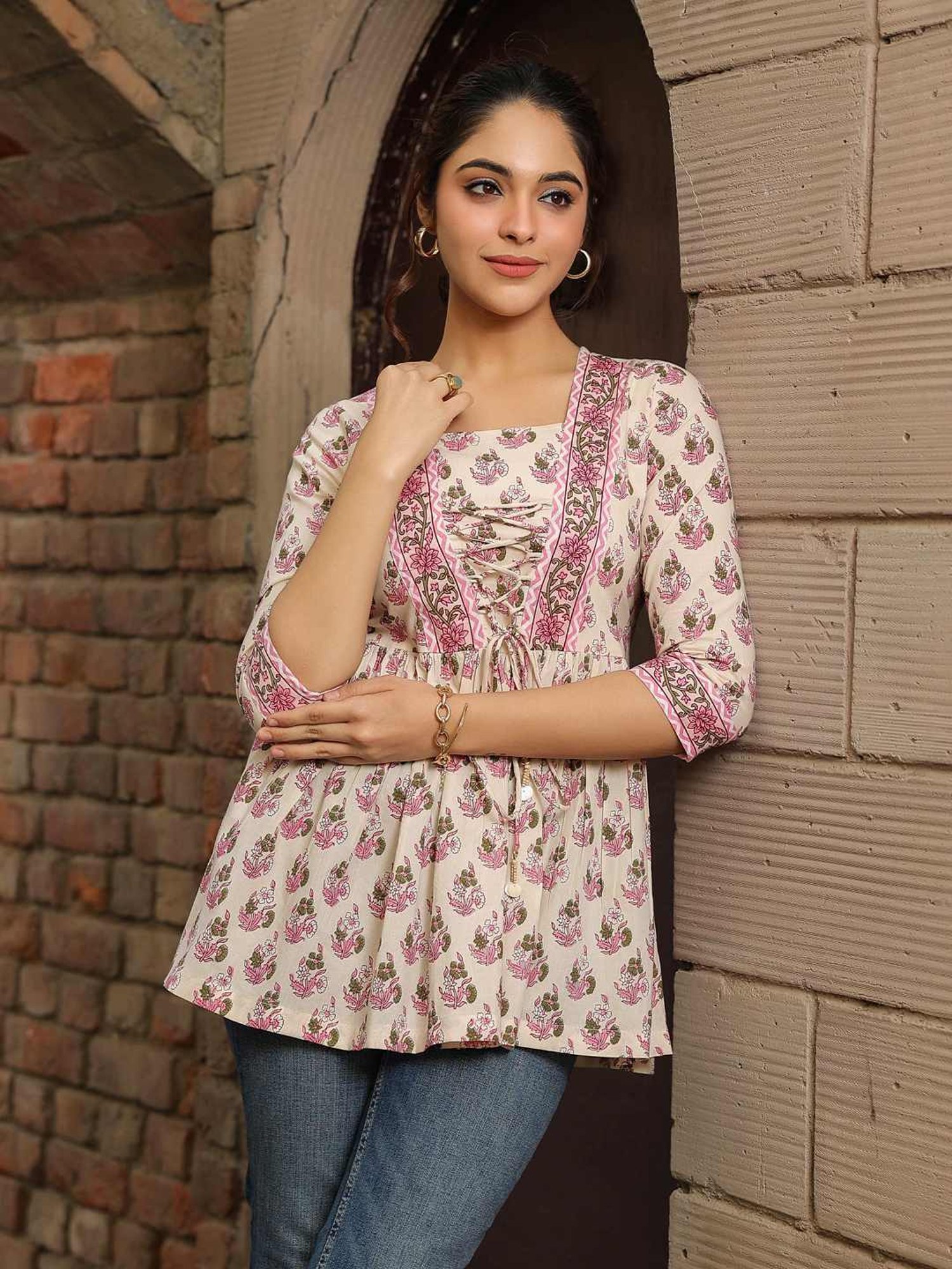 Rain and Rainbow Cream & Pink Cotton Floral Print Top