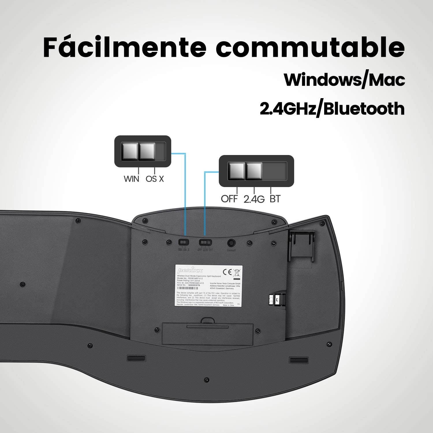 Perixx PERIBOARD-612B ES - Teclado Inalambrico RF con divisiones, sistema Dual y Bluetooth 4.0, Compatible con Windows 10 y macOS - QWERTY Espa&ntilde;ol