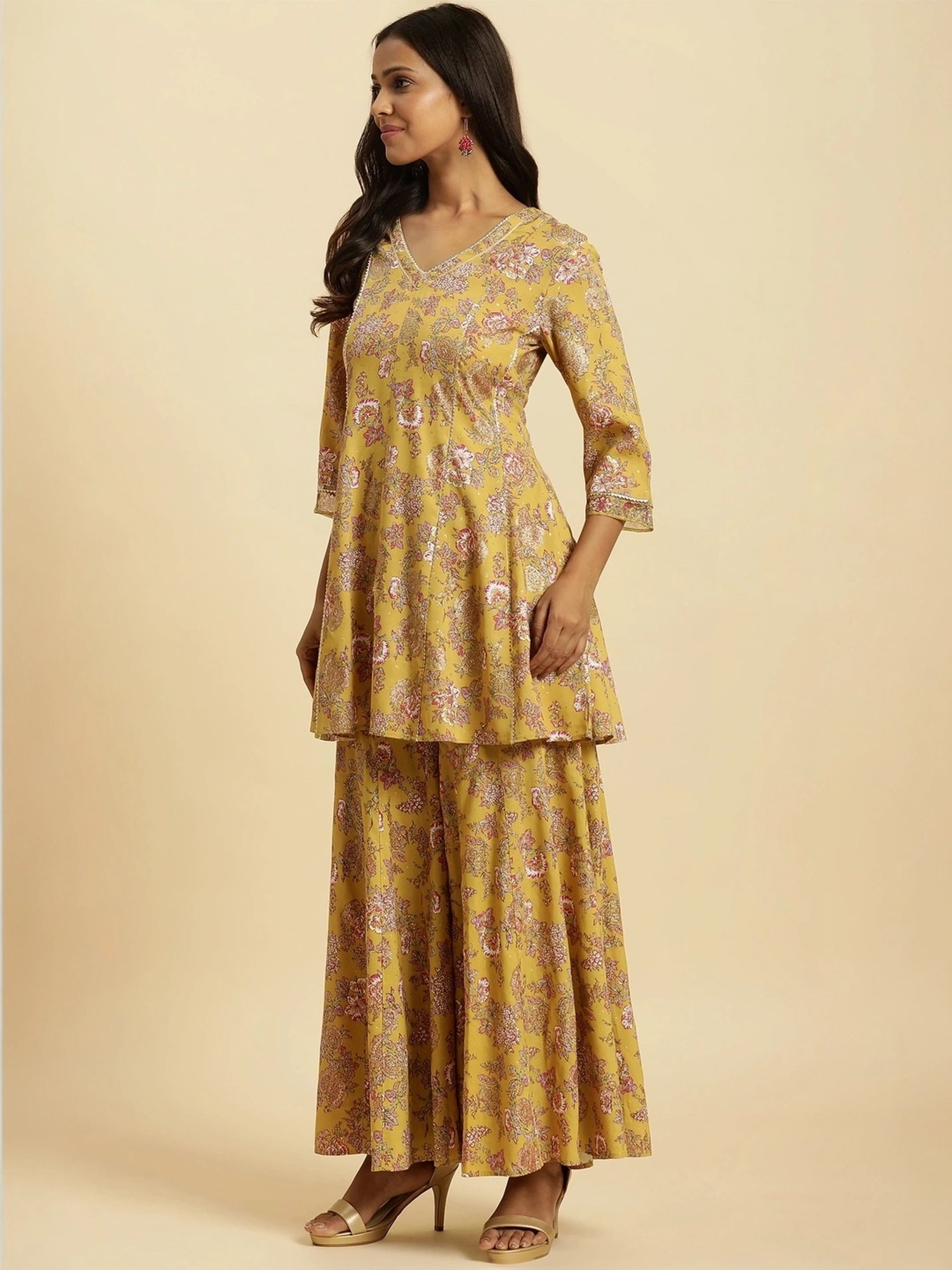W Yellow Printed Kurti Sharara Set With Dupatta