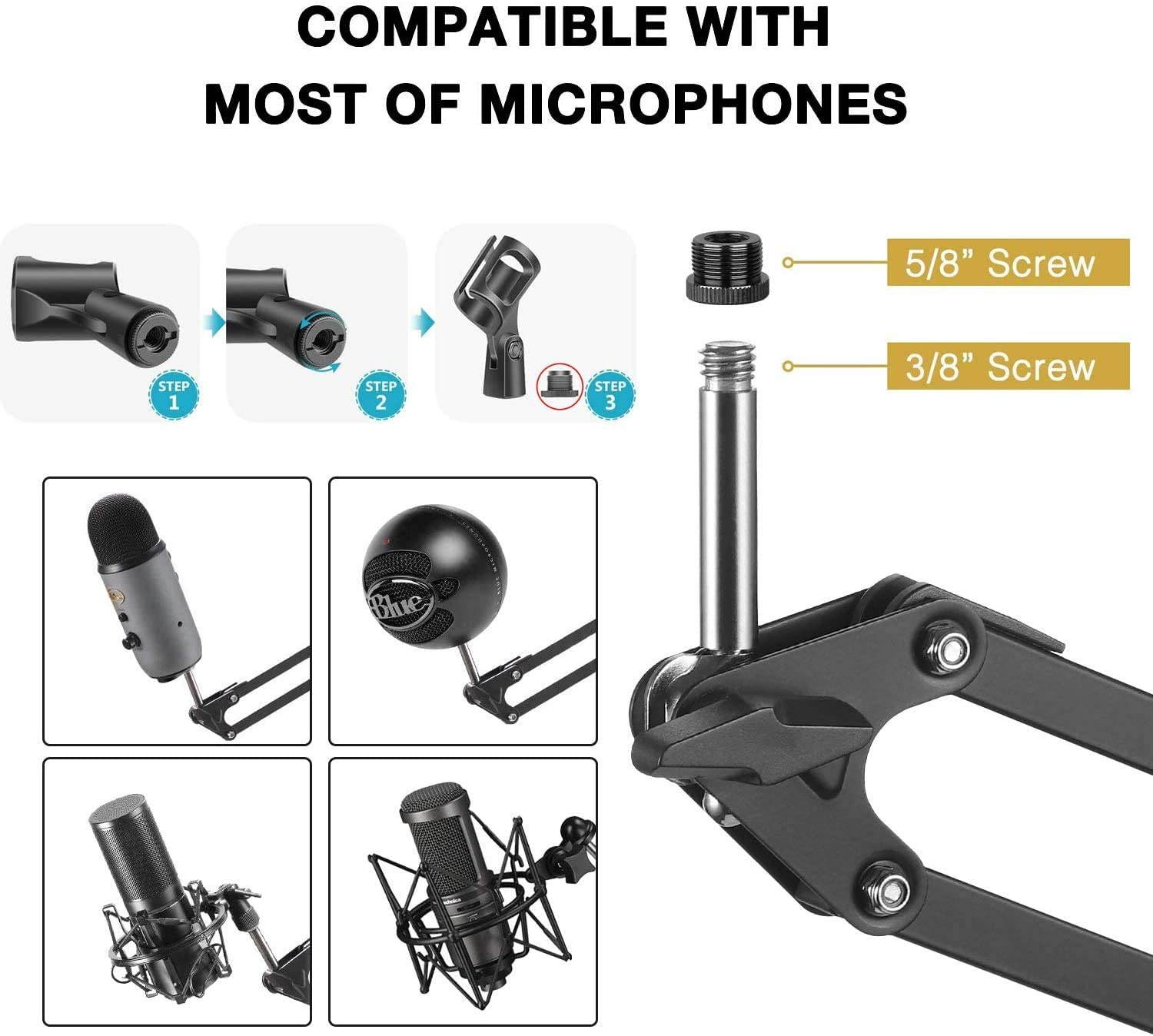 Microphone Arm Stand,Adjustable Suspension Boom Scissor Mic Stand with Filter, 3/8" to 5/8" Adapter, Mic Clip