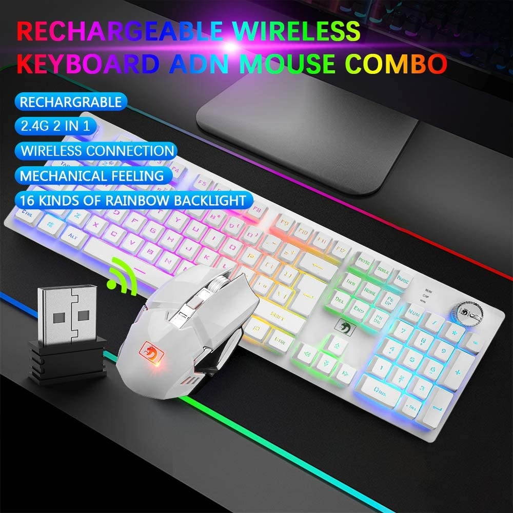 FELiCON Rechargeable Gaming Wireless Keyboard and Mouse Set Rainbow RGB LED Backlit Suspended Keycap Mechanical Feel 4800mAh Large Capacity Lithium Battery for Mac PC Laptop Computer Game Work Office