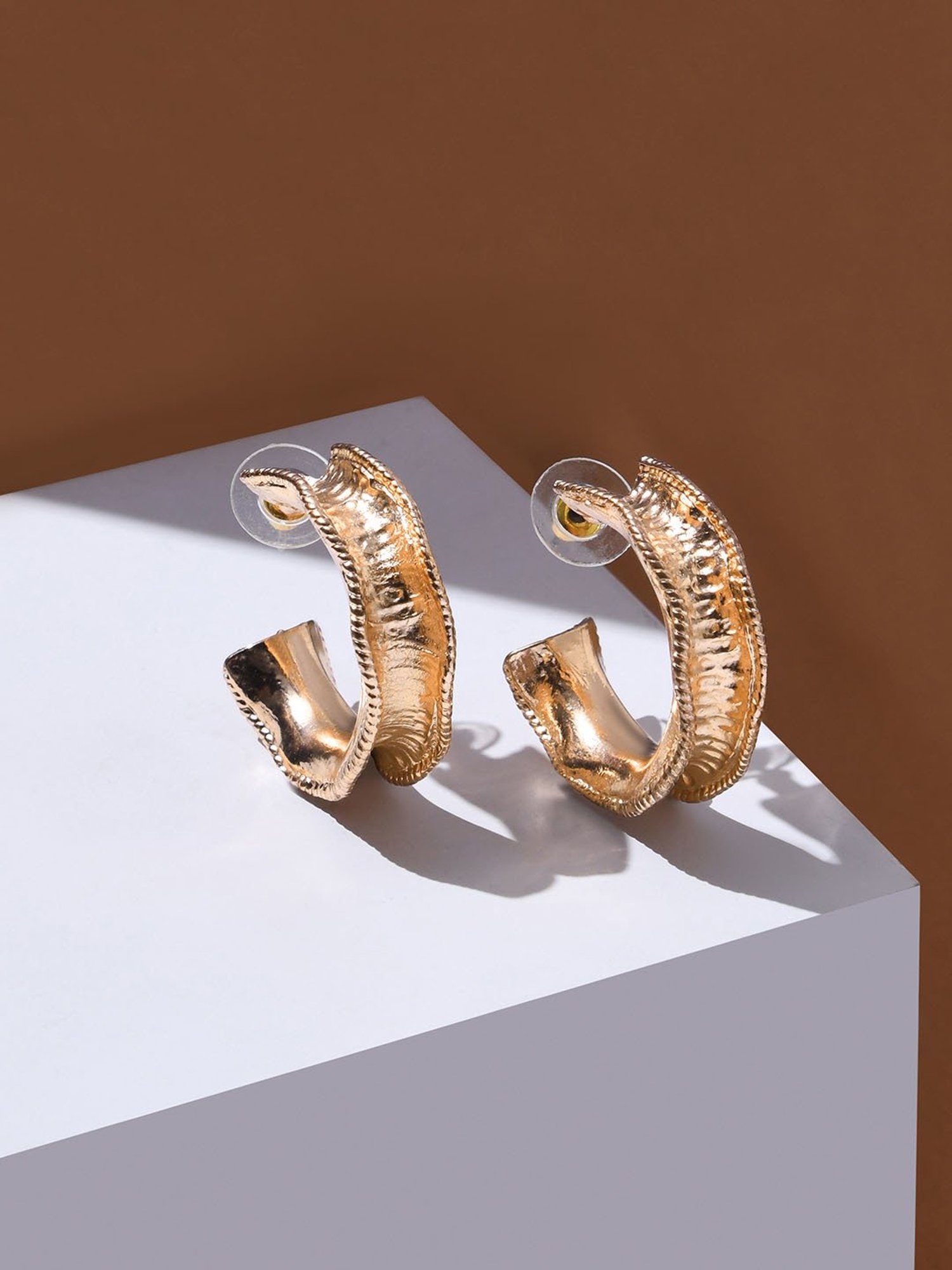 ToniQ Stylish Gold-Plated Textured Hoop Earrings for Women