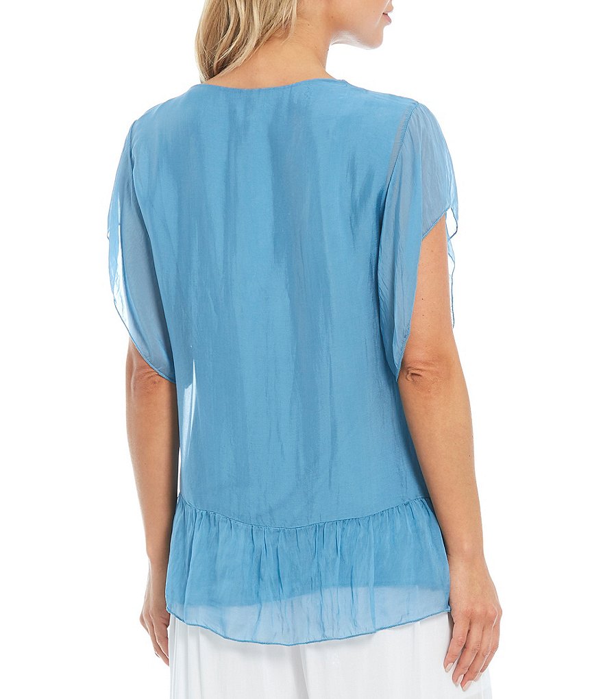 M Made in Italy V-Neck Flutter Short Sleeve Embroidered Layered Silk Blend Top