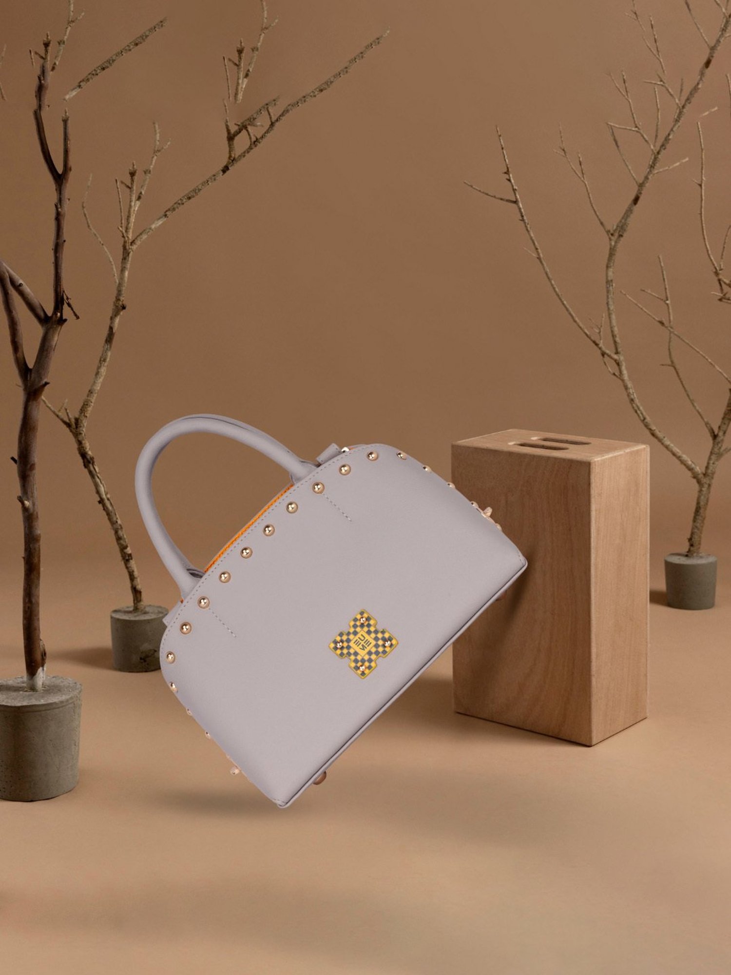 Eume Marigold Light Grey Leather Satchel Handbag