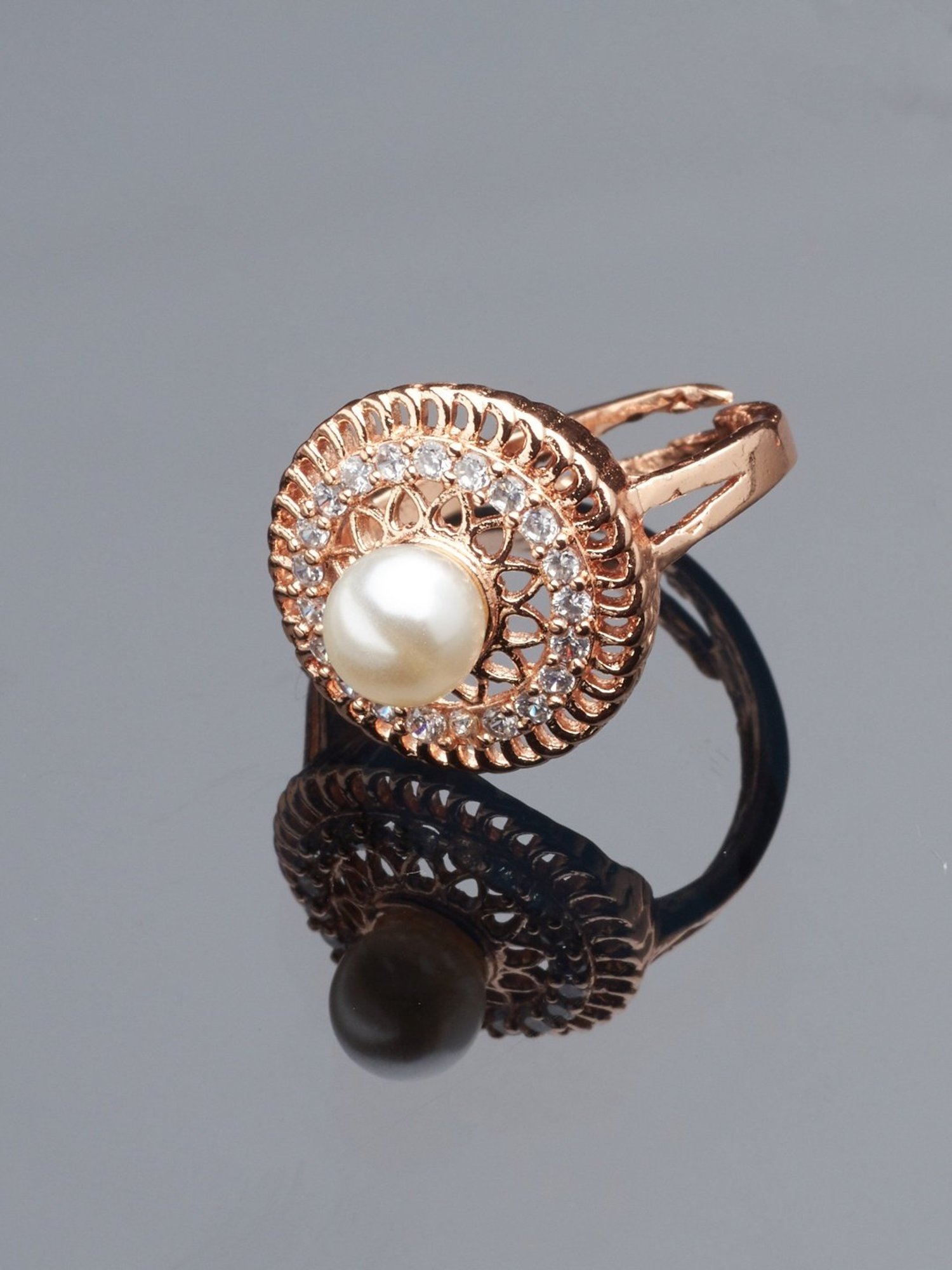 Zaveri Pearls Rose Gold Cubic Zirconia & Pearl Contemporary Brass Ring Cocktail Ring - ZPFK10900