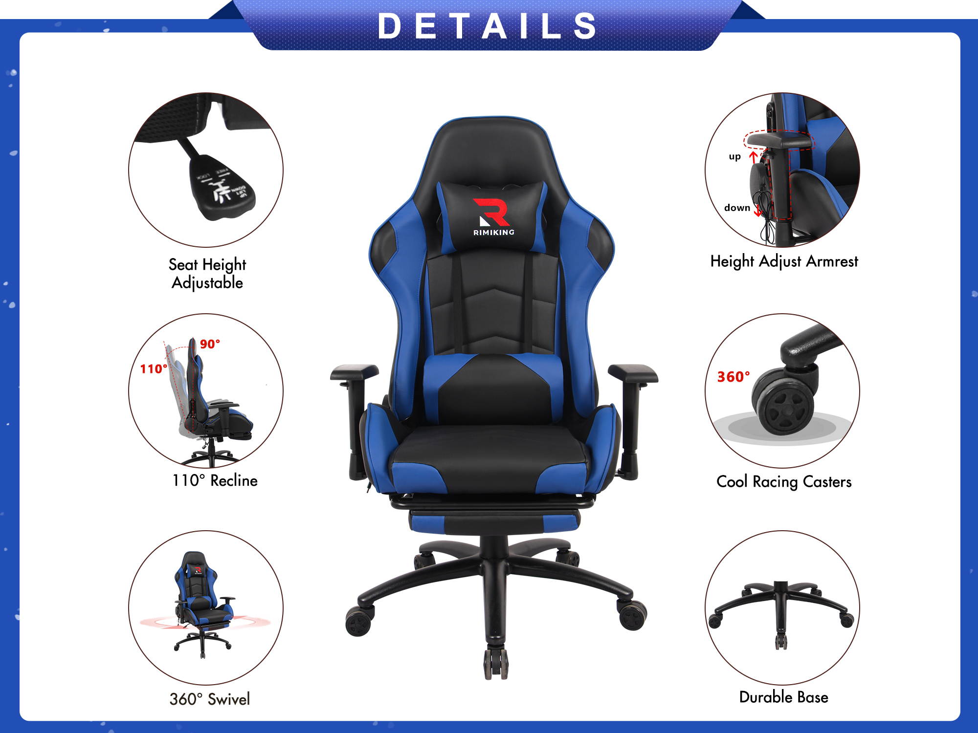 RIMIKINGMassage Gaming Chair with Retractable Footrest-Adjustable Lumbar Cushion Computer Office Racing Chair Headrest Swivel Rocking Desk Chair Ergonomic