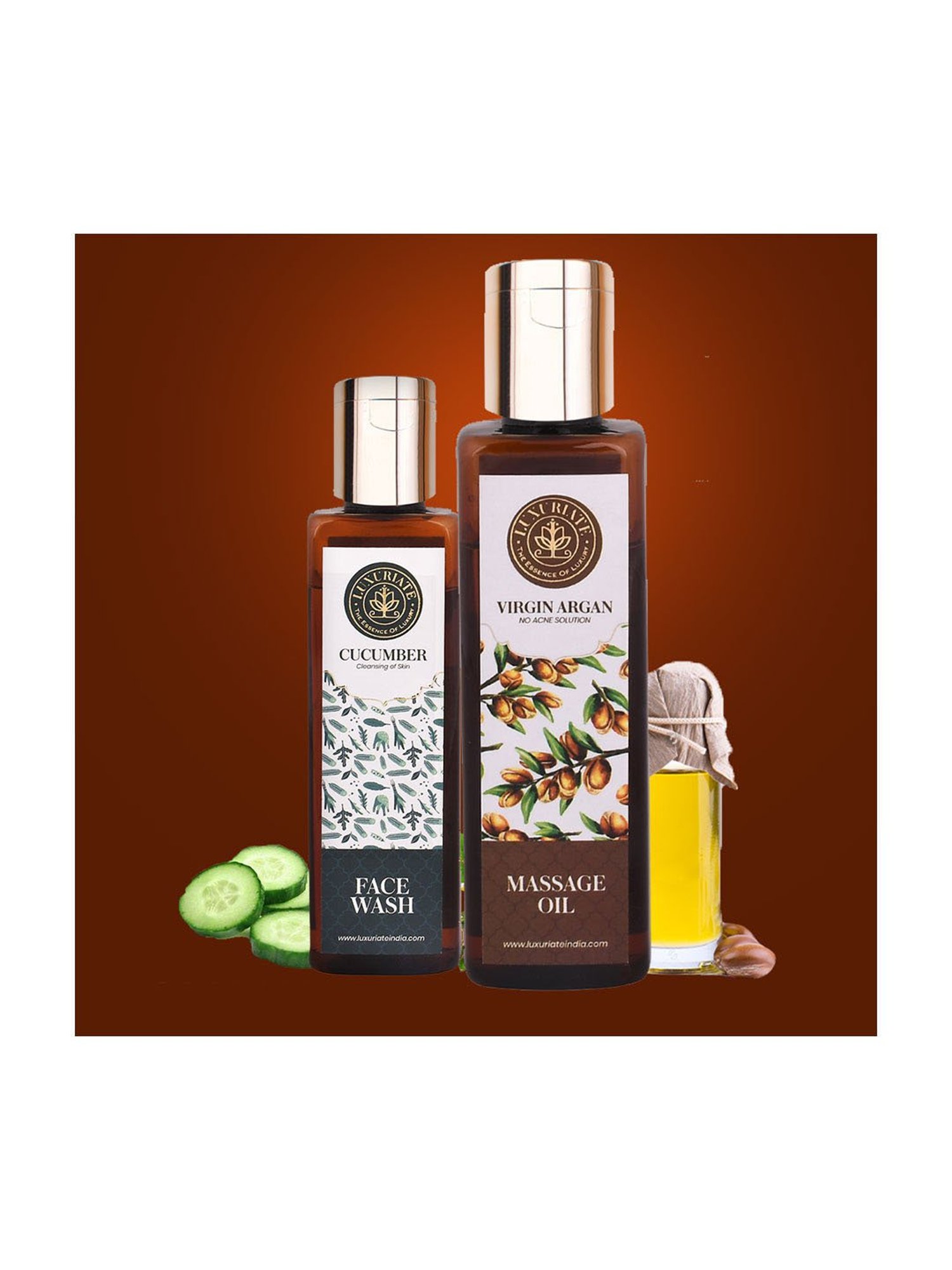 Luxuriate Virgin Argan Massage Oil and Cucumber Herbal Cleansing Face Wash Combo