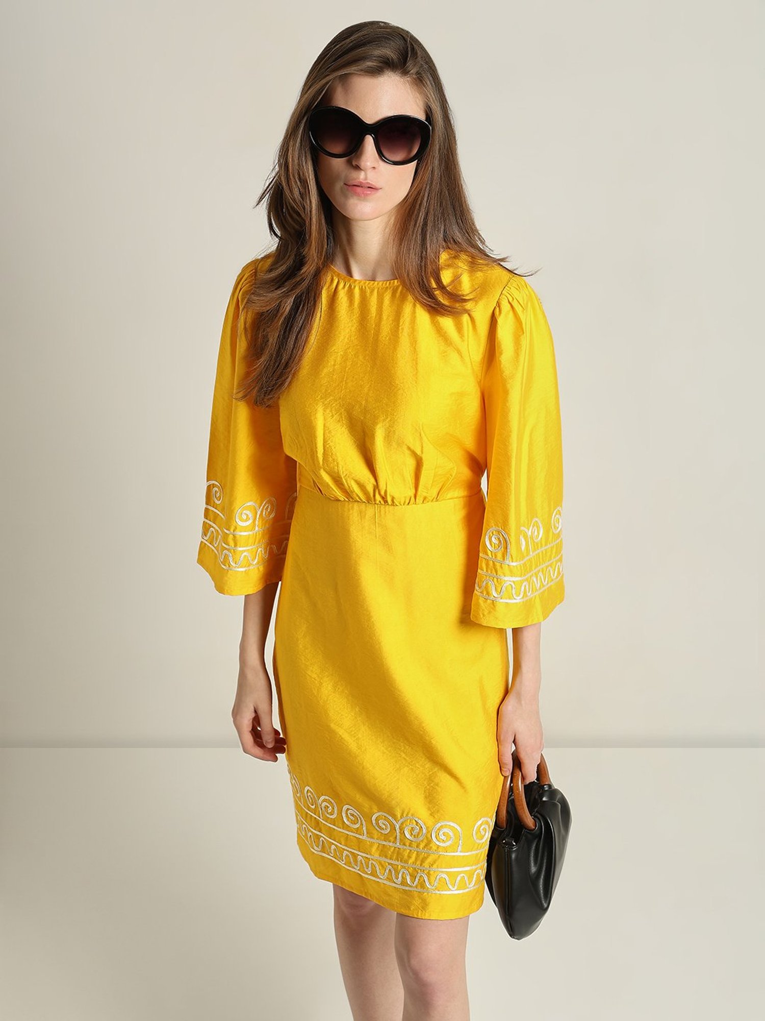 Vero Moda Yellow & White Printed A Line Dress