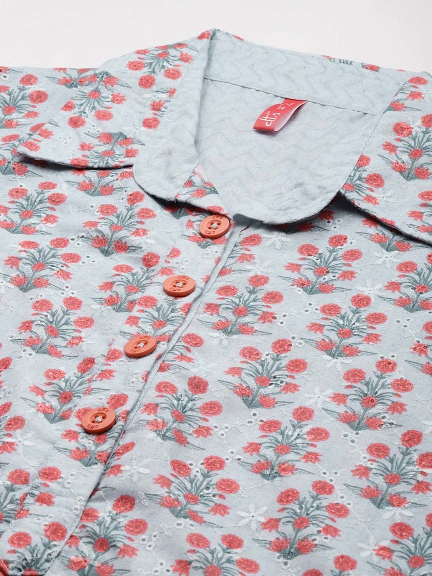 Clt.s Grey Floral Print Kurti Pyjama Set
