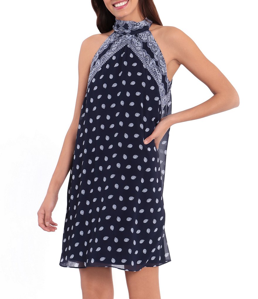 London Times Bandana Print Halter Tie Neck Trapeze Dress