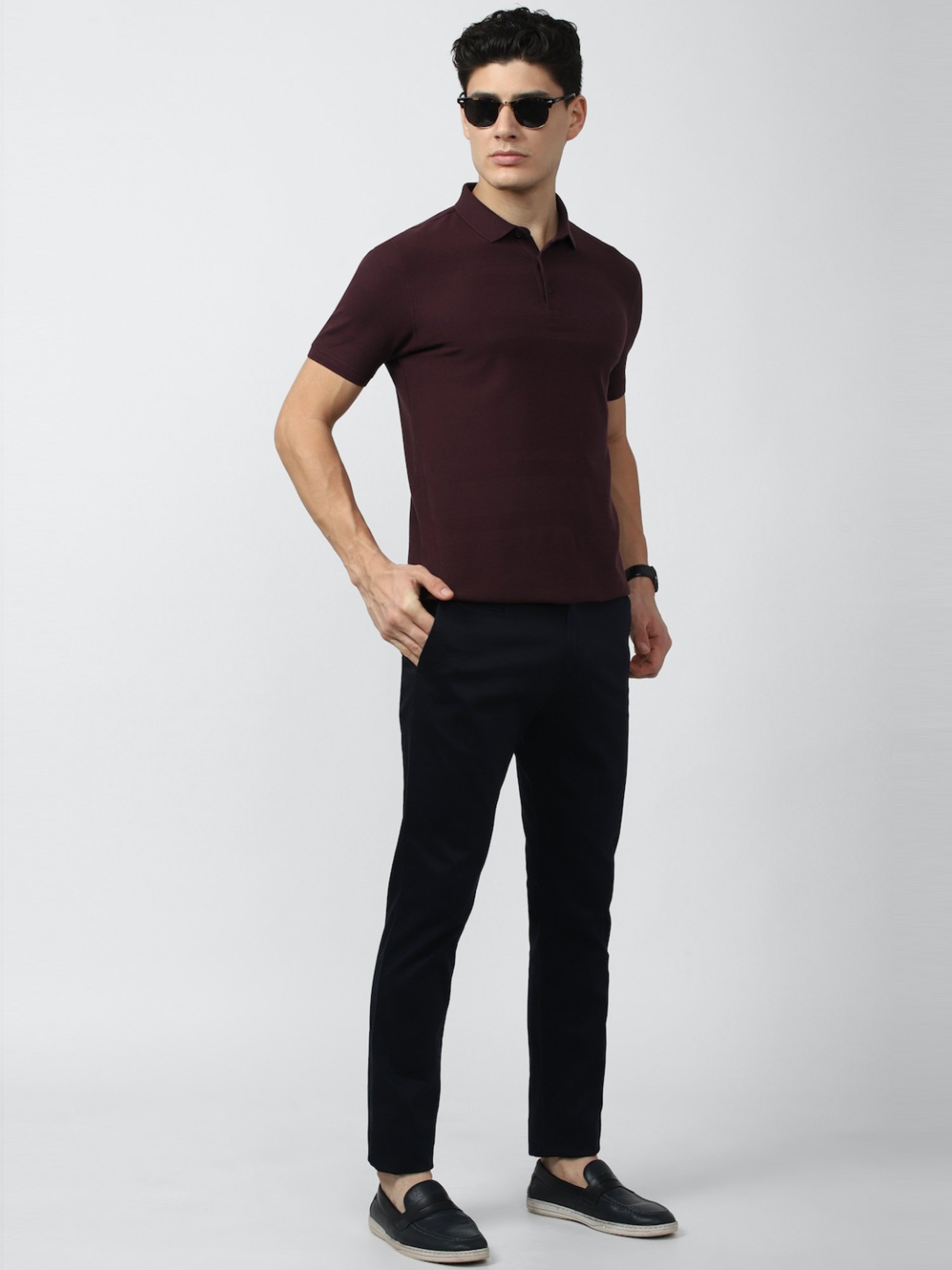 V Dot Maroon Cotton Slim Fit Striped Polo T-Shirt