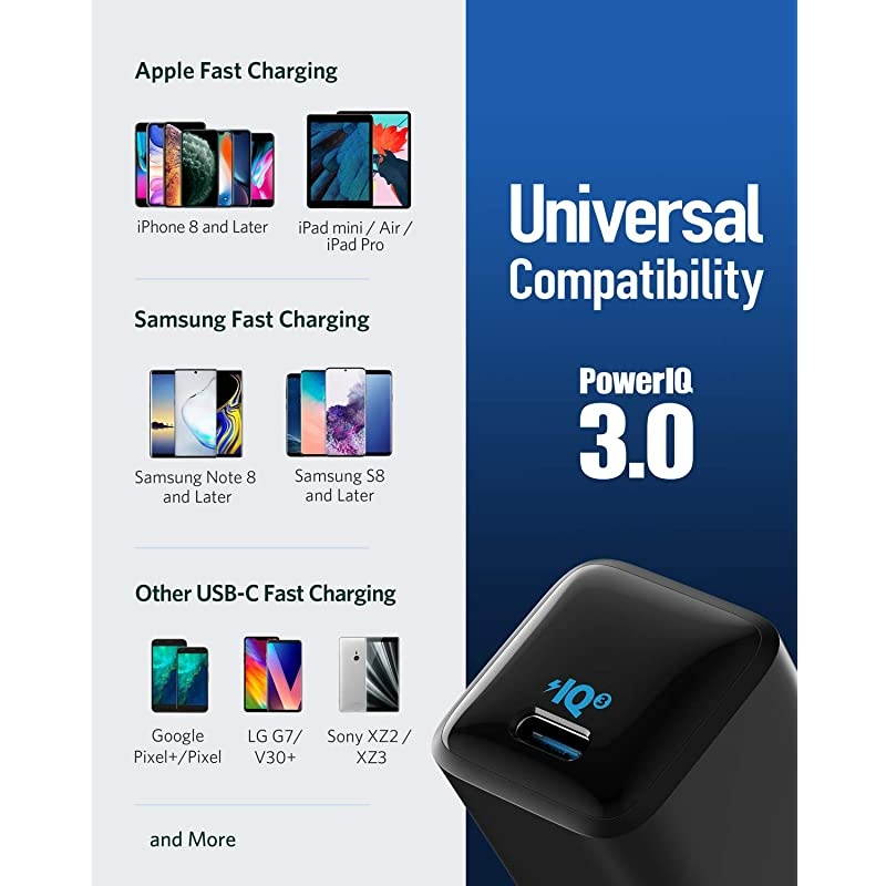 USB C Charger  18W PIQ 30 Compact Fast Charger Adapter PowerPort III Nano USB C Wall Charger for iPhone 1111 Pro11 Pro MaxXRXSX Galaxy S10S9Pixel 32 iPad ProNintendo Switch and More