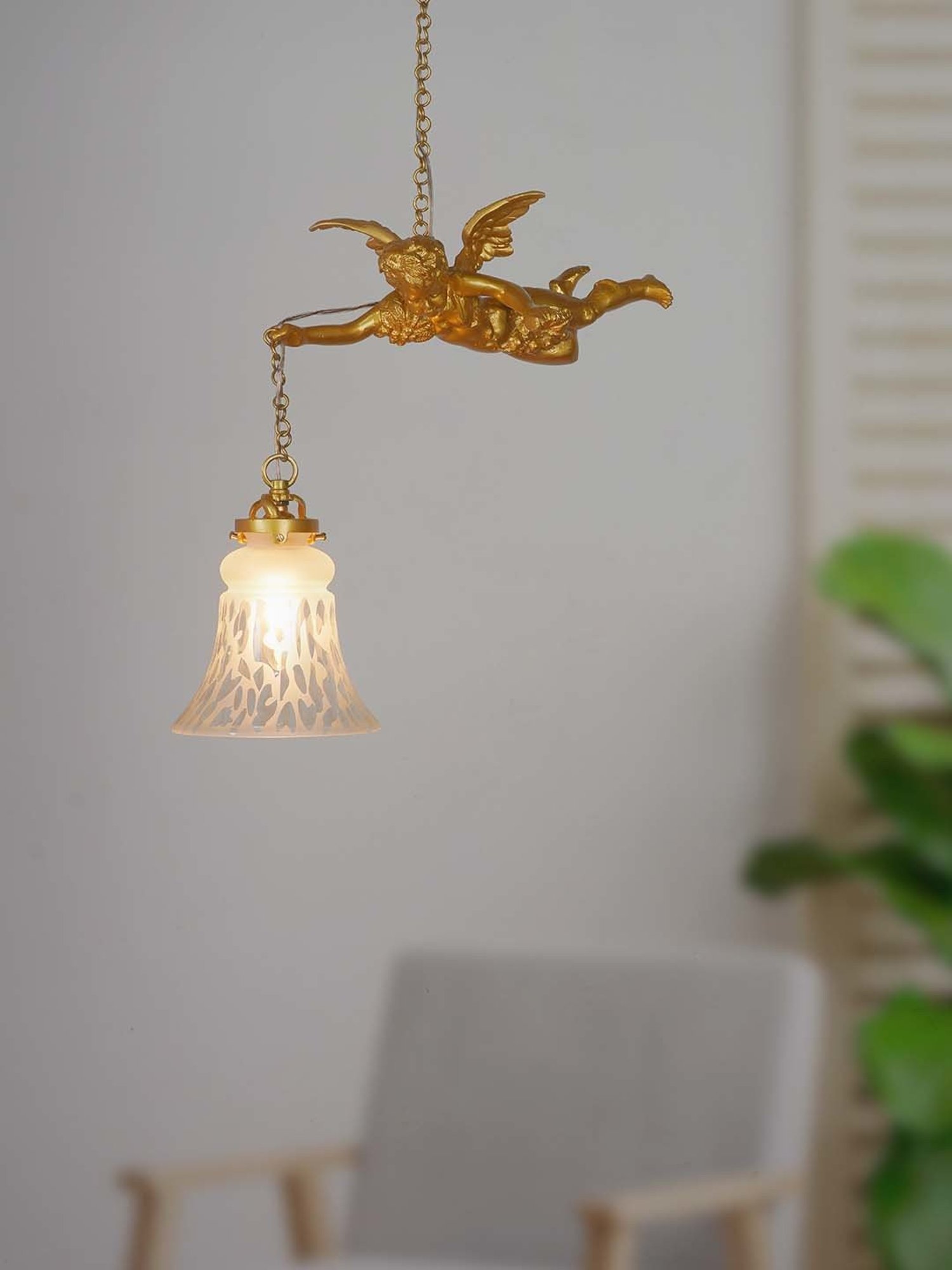 Fos Lighting Cherub Classic Golden & White Aluminium Hanging Light With Bell Glass Shade - Set of 1