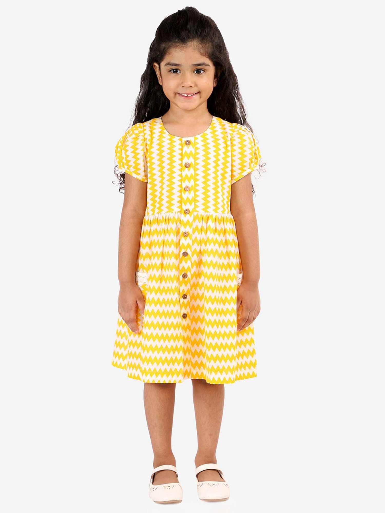 Lil Drama Kids Yellow & White Printed Dress