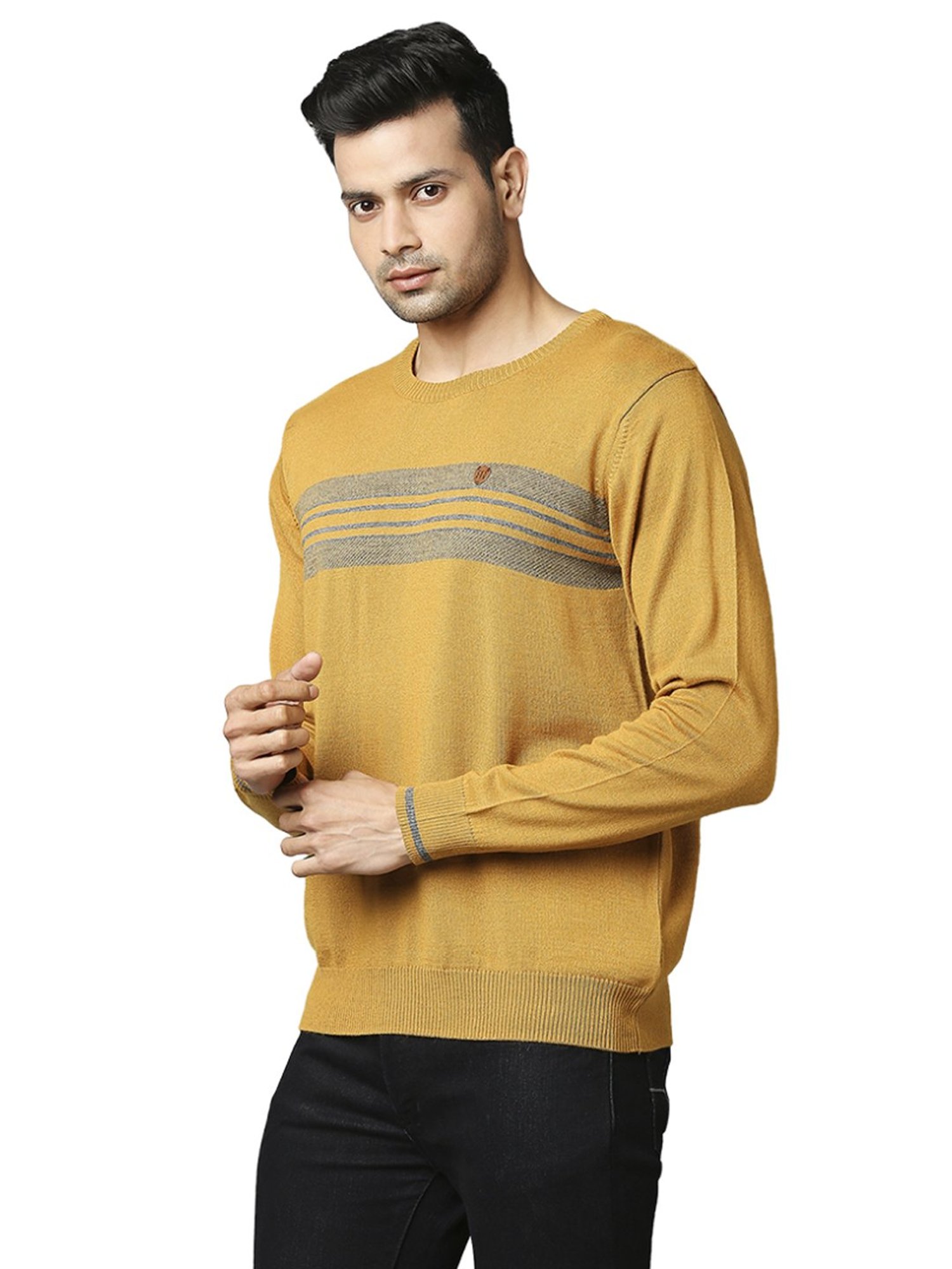 Raymond Yellow  Regular Fit Striped Sweaters