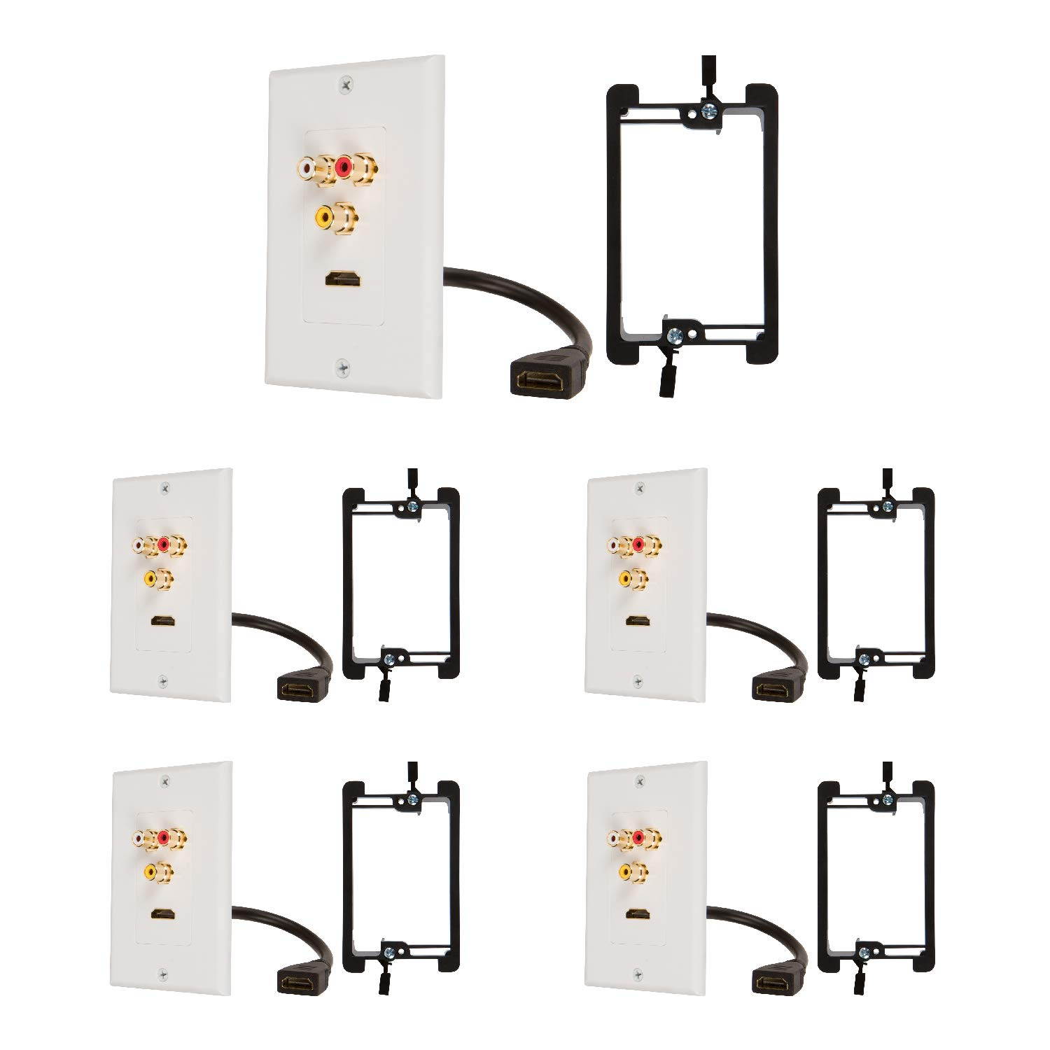 Buyer's Point HDMI Pigtail RCA Wall Plate [UL Listed] with Single Gang Low Voltage Mounting Bracket Device Pack of 5 with White Kit