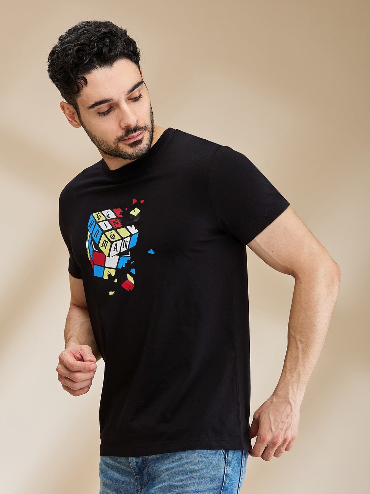 Being Human Black Regular Fit Printed T-Shirt
