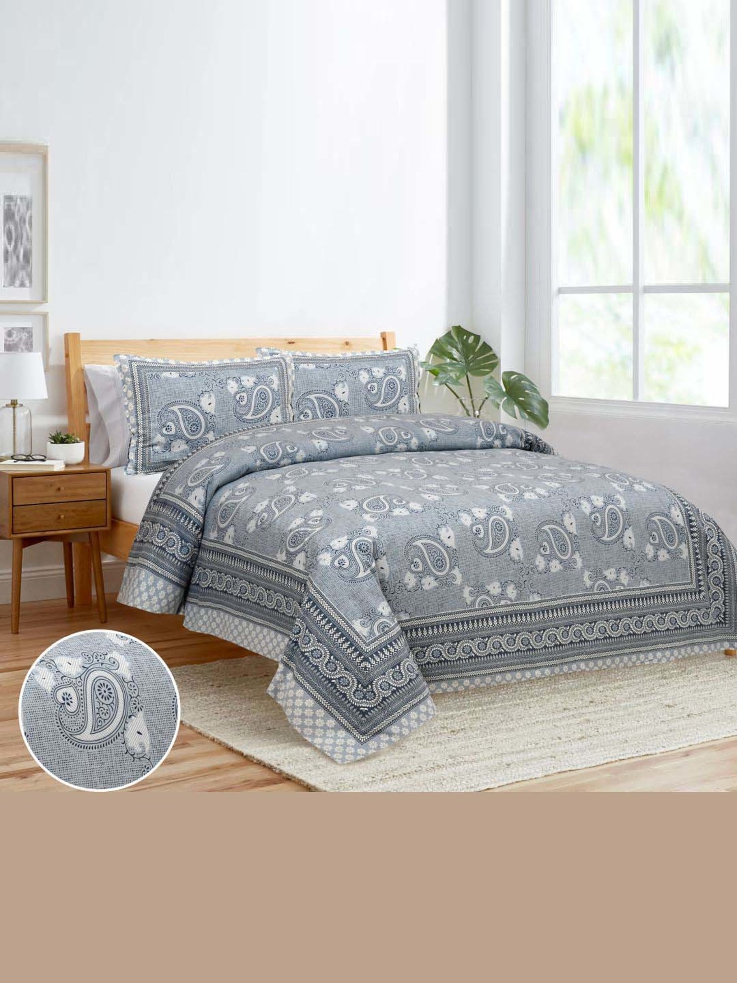 JaipurFabric Grey 180 TC 100% Cotton Paisley Art Double Bedsheet with 2 Pillow Covers