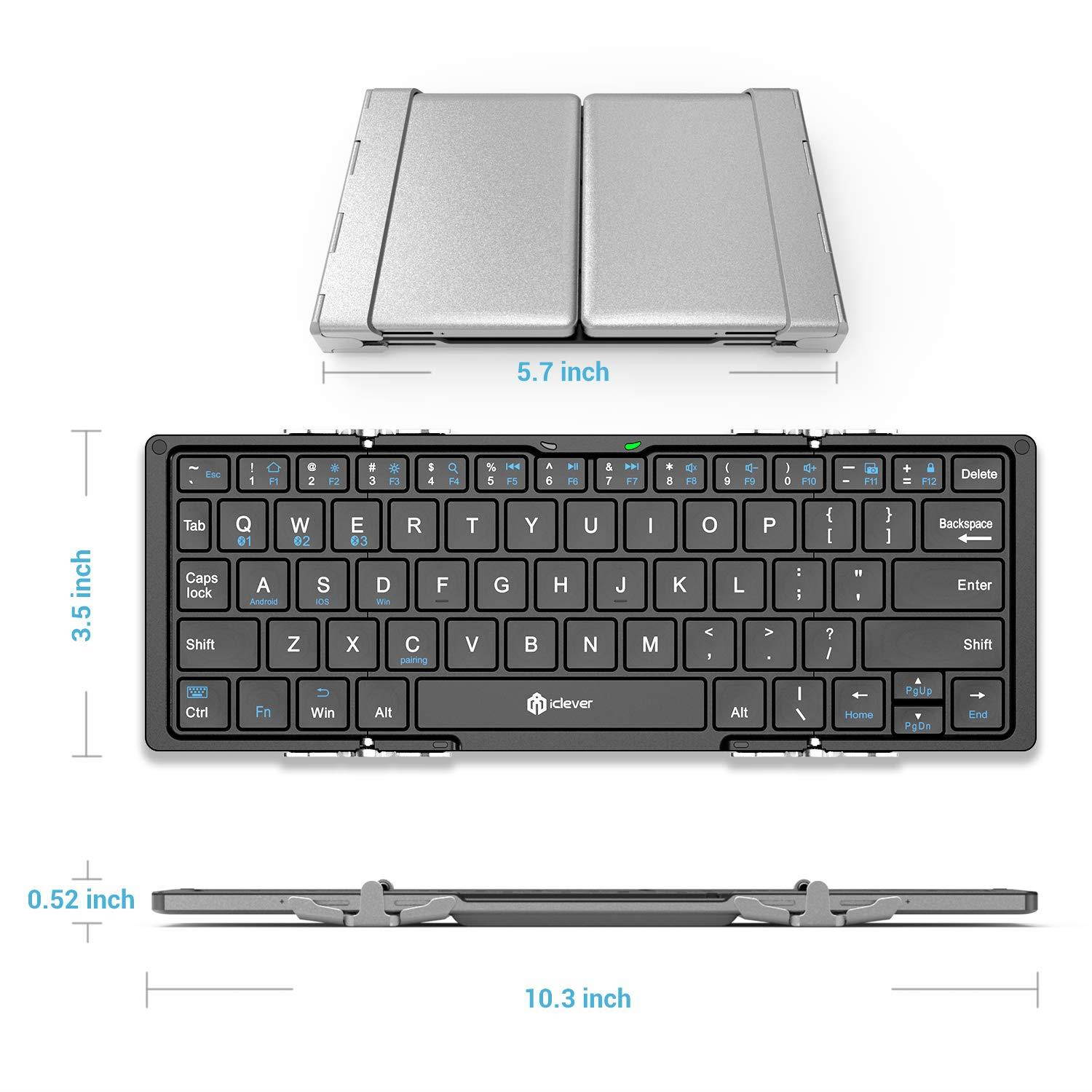 iClever Bluetooth Keyboard, Bluetooth 5.1 Foldable Wireless Keyboard with Portable Pocket Size, Aluminum Alloy Housing, Carrying Pouch, for iOS Windows Android Tablets, Laptops and Smartphones