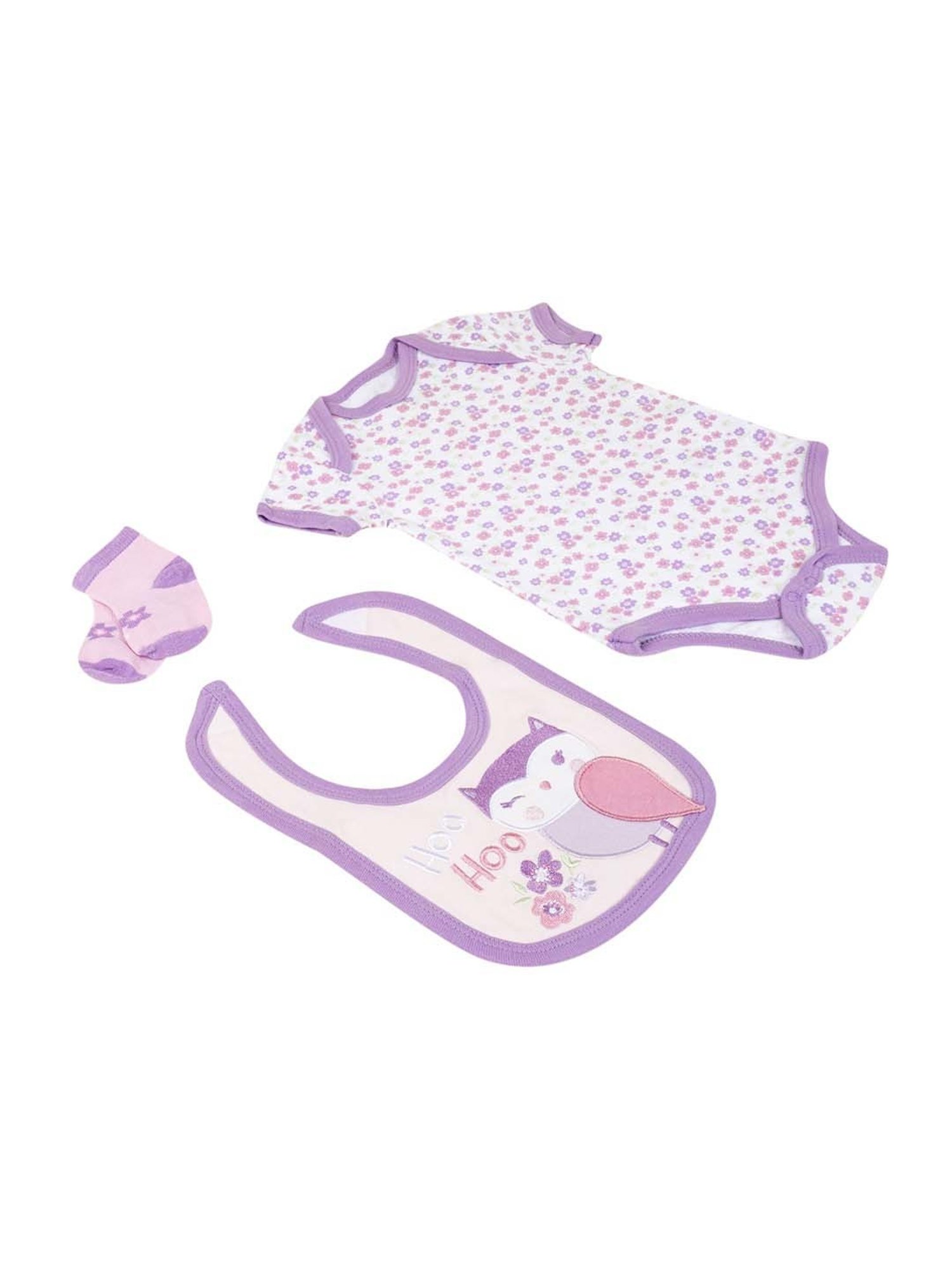 Baby Moo Kids Purple & White Cotton Printed Bodysuit Set